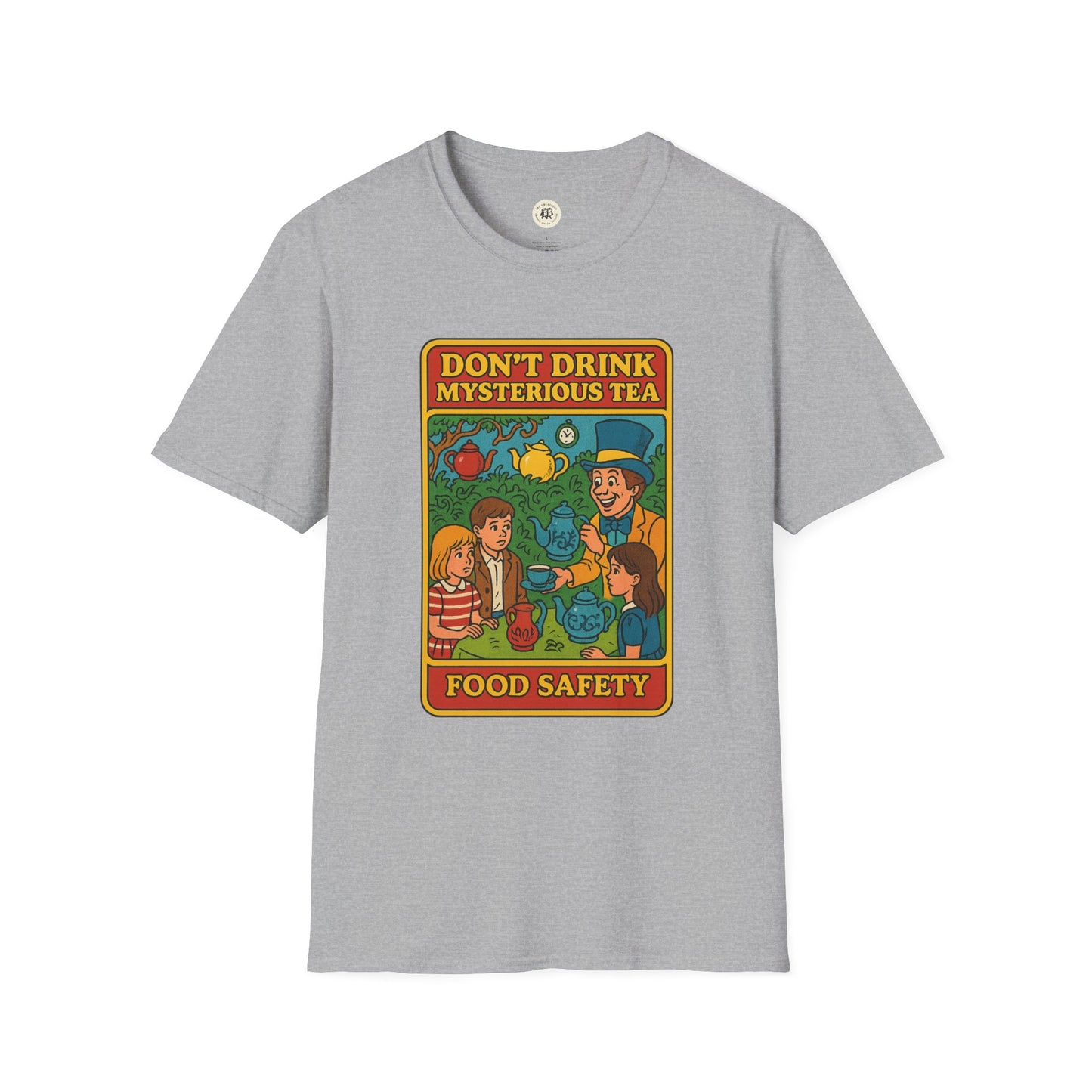 Gray Printify T-shirt with colorful mad hatter food safety shirt design warning against mysterious tea