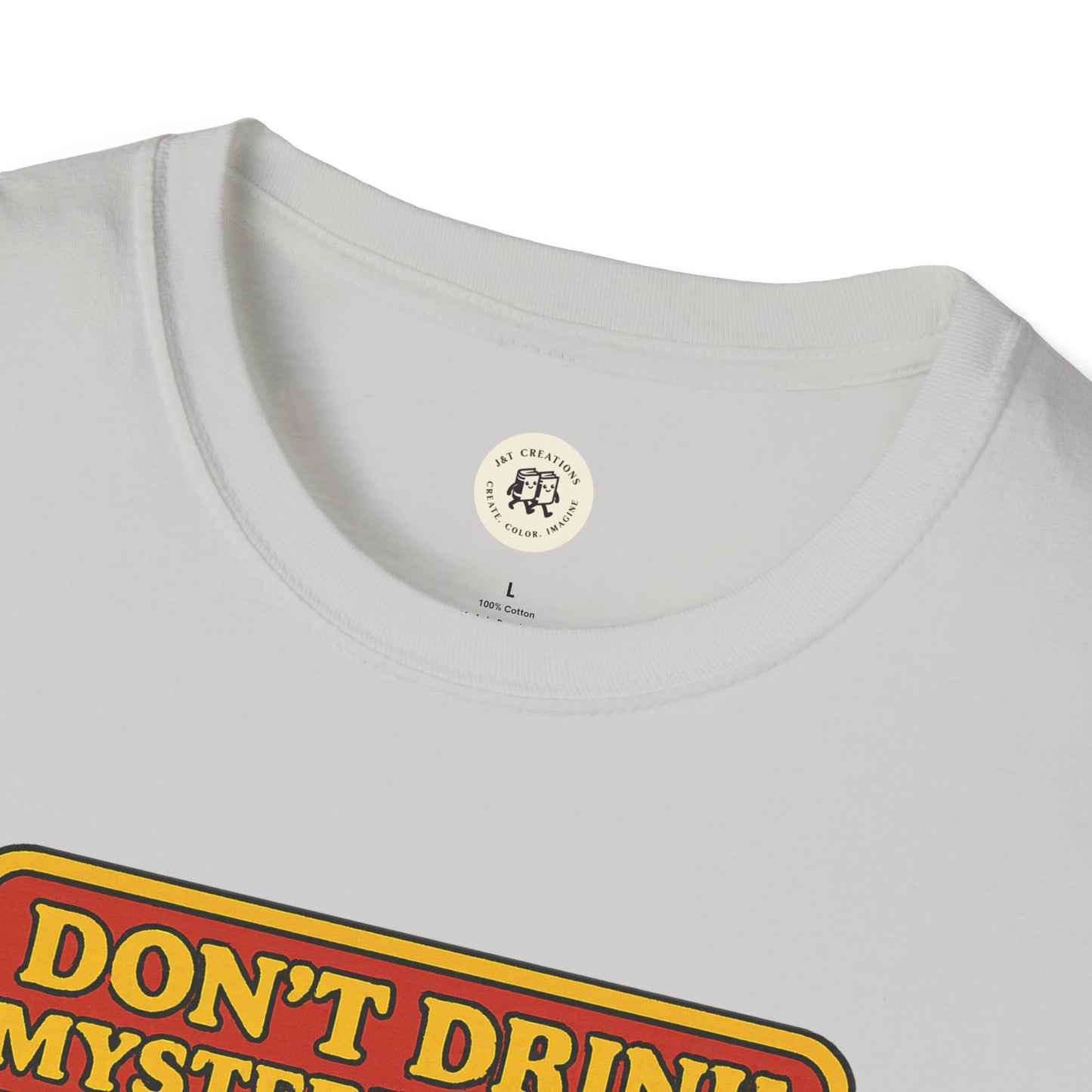 Close-up of white Printify mad hatter food safety shirt with colorful text design on front