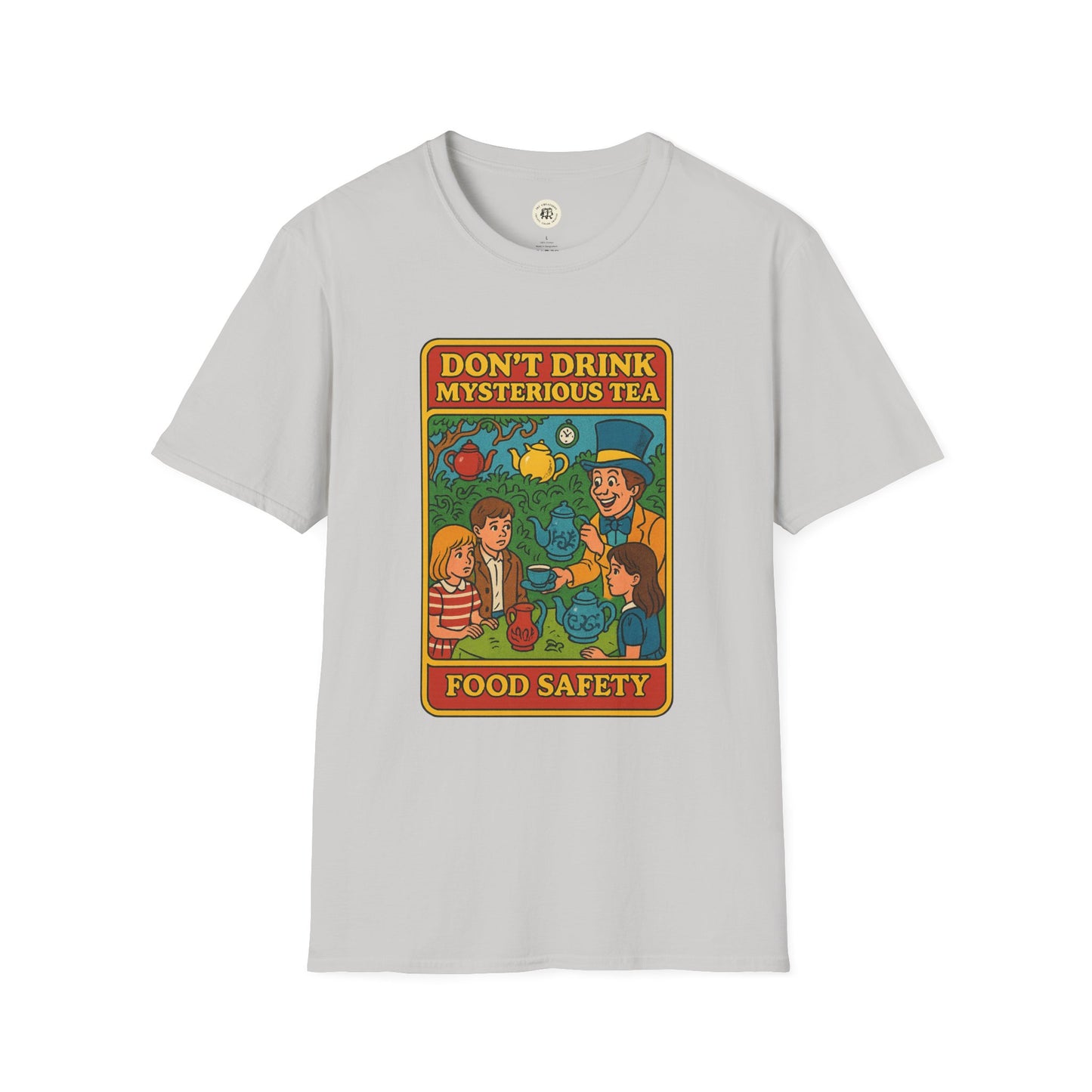 Printify cotton t-shirt featuring mad hatter food safety shirt design with tea party graphic and food safety text