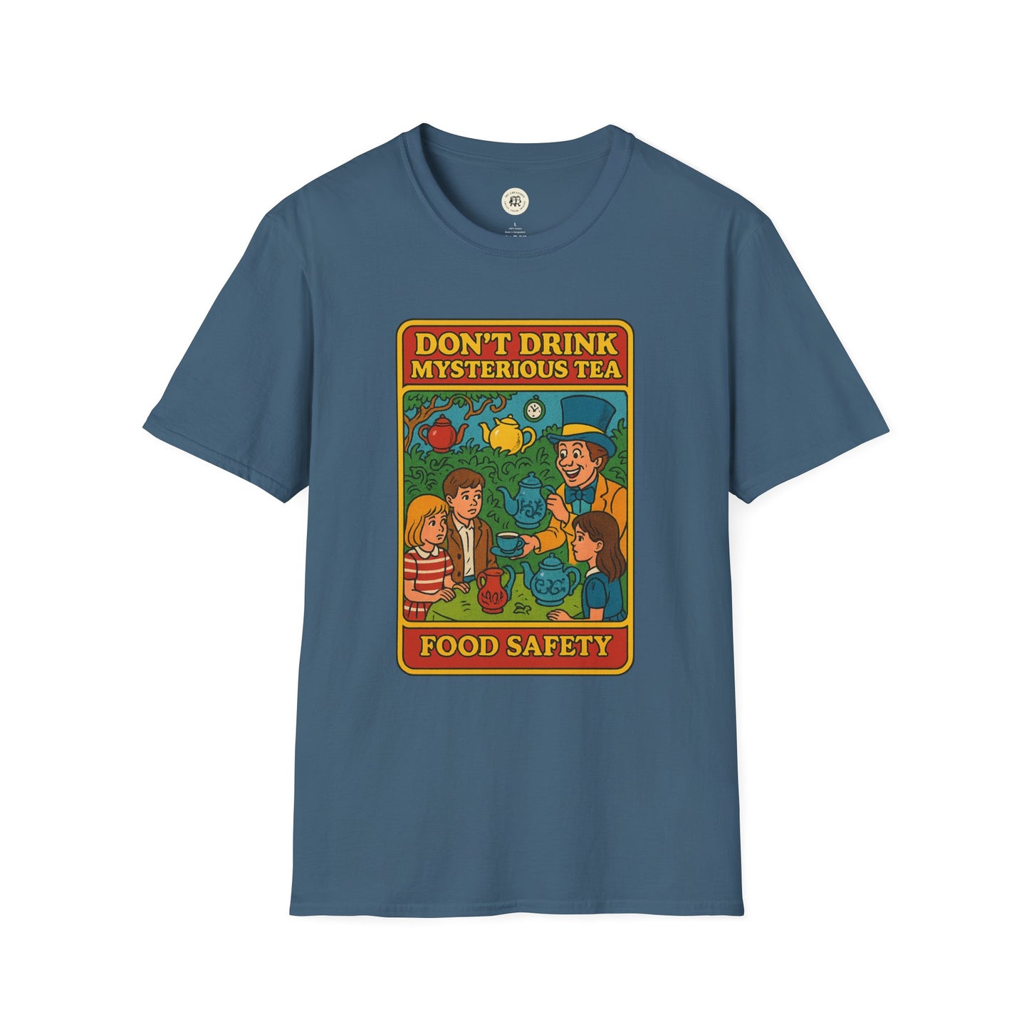 Blue Printify t-shirt featuring mad hatter food safety shirt design with colorful tea party graphic