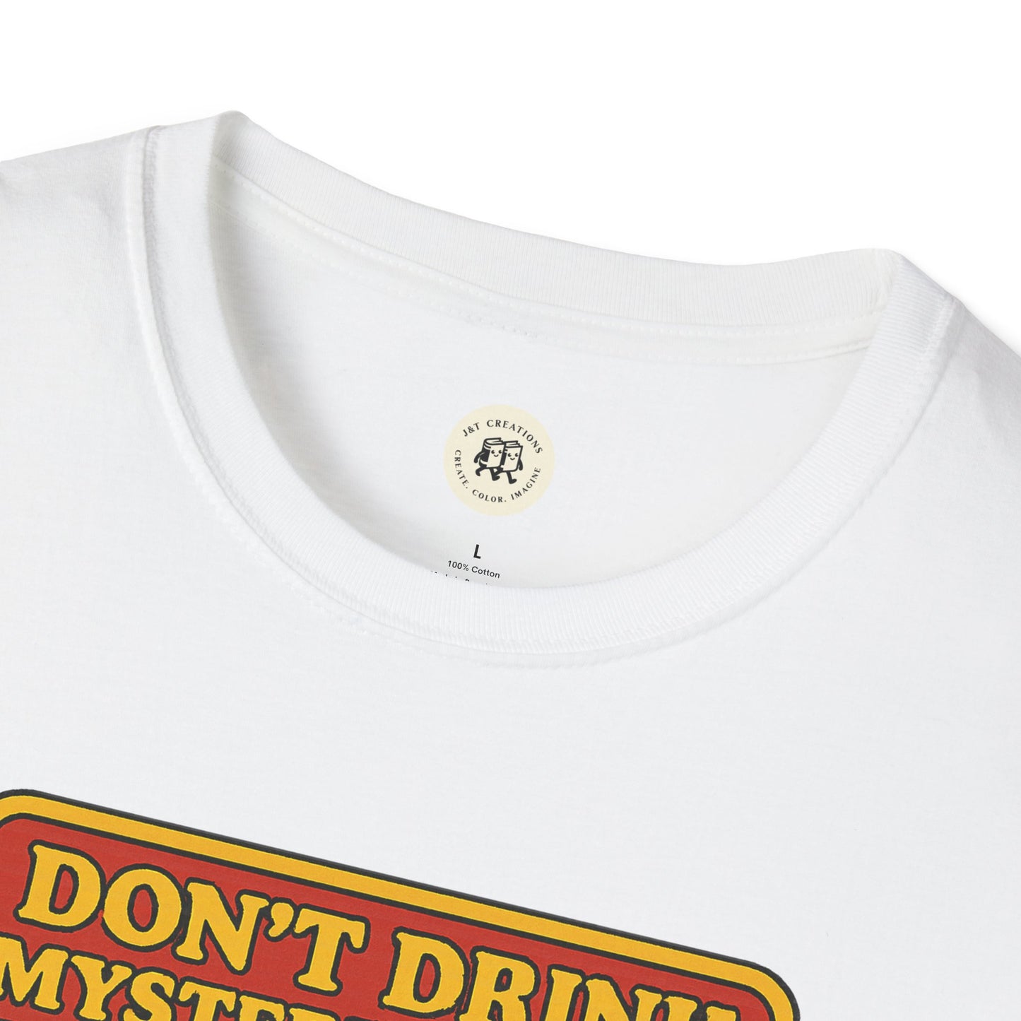 White Printify t-shirt featuring mad hatter food safety shirt design with bold colorful text