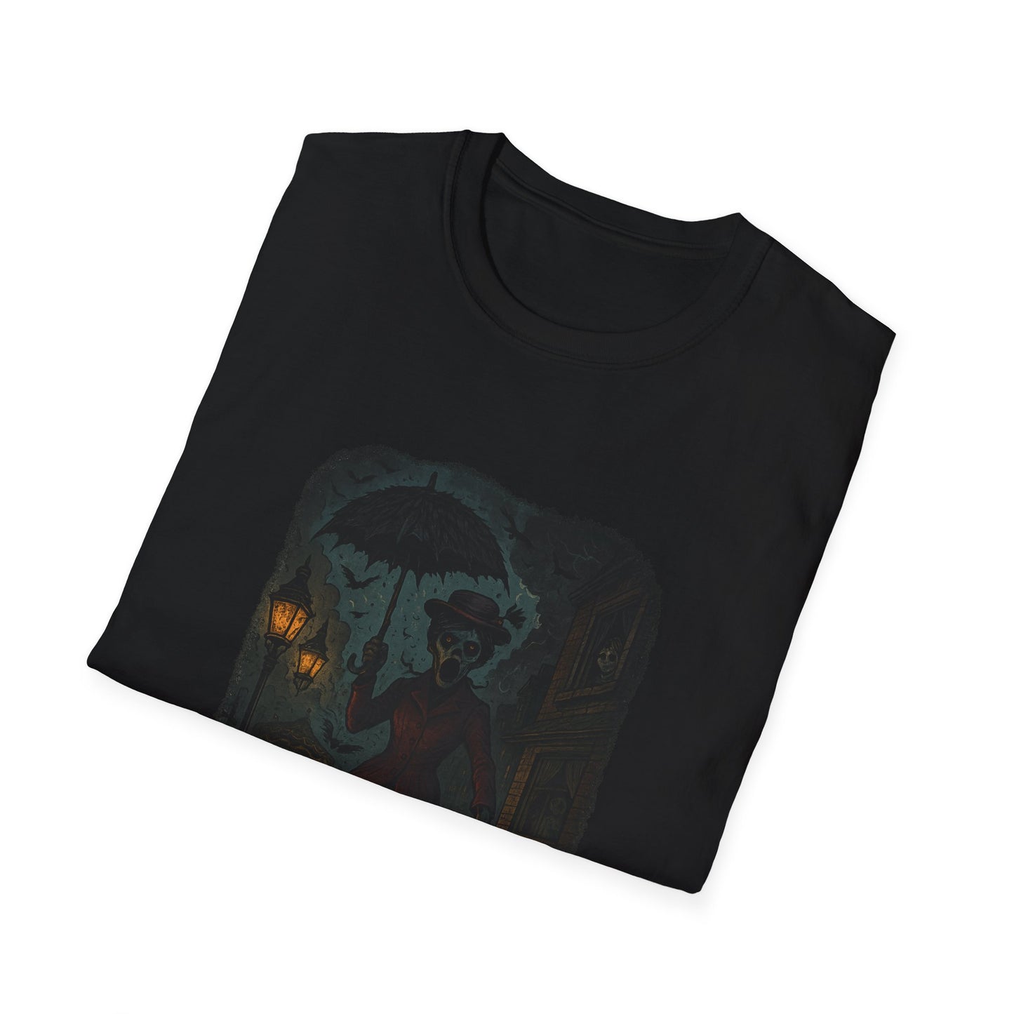 Black Printify T-shirt featuring Mary Poppins inspired art tee with spooky umbrella and vintage design