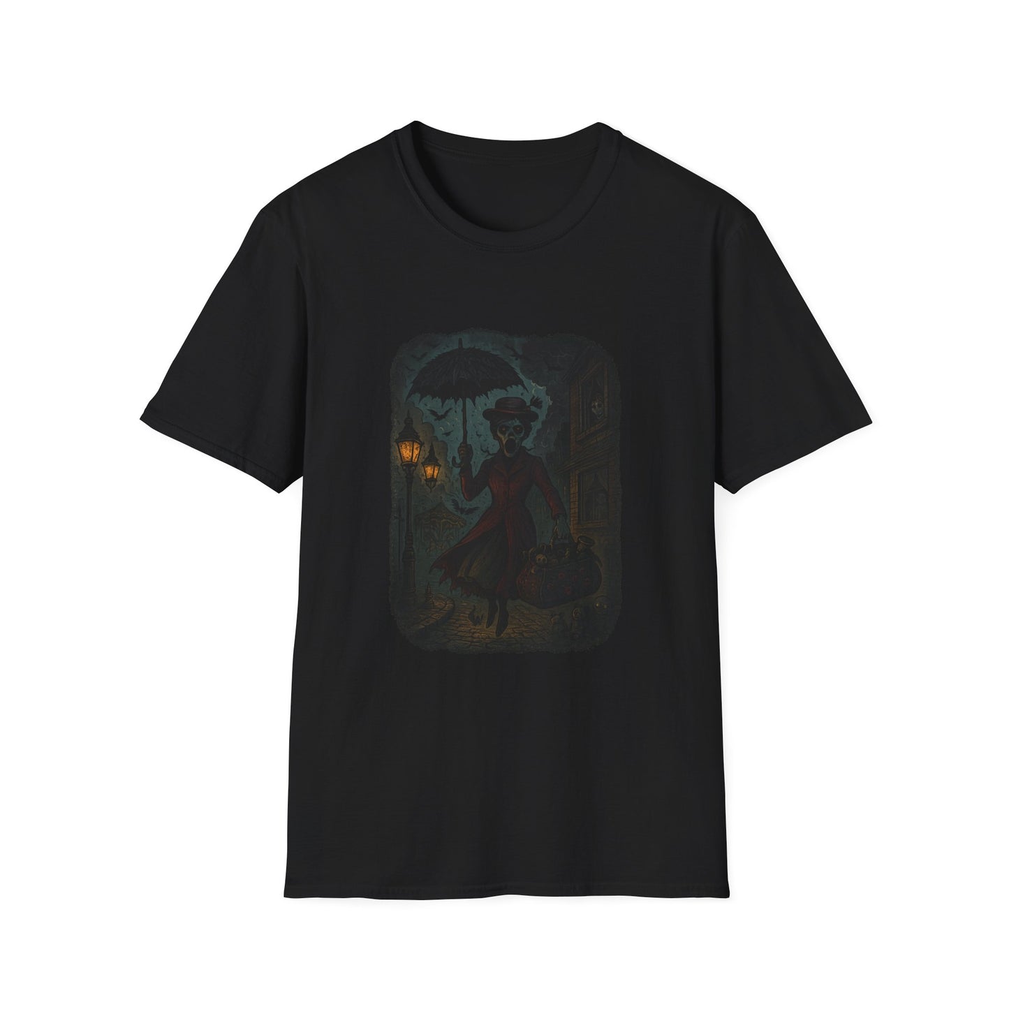 Black Printify t-shirt featuring Mary Poppins inspired art tee design with umbrella and bag