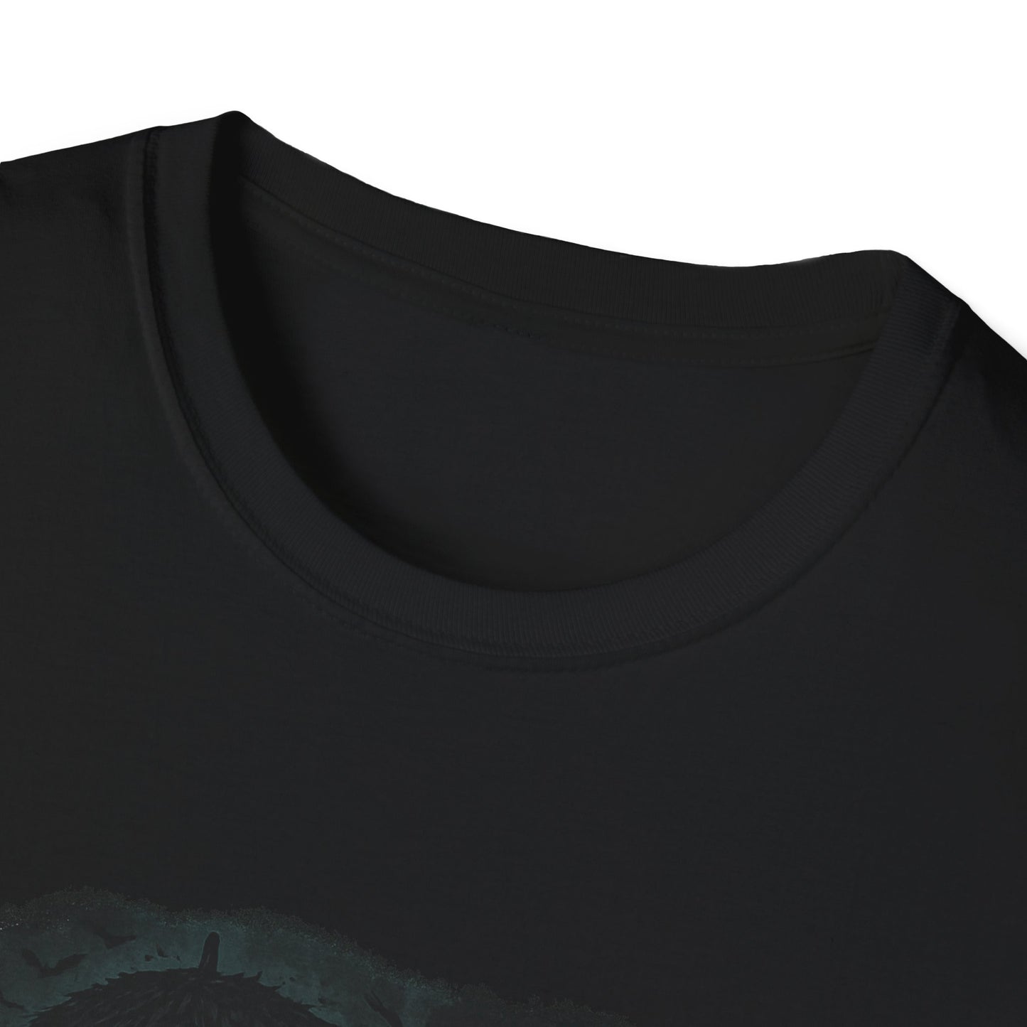 Close-up of black Mary Poppins inspired art tee collar and fabric texture by Printify