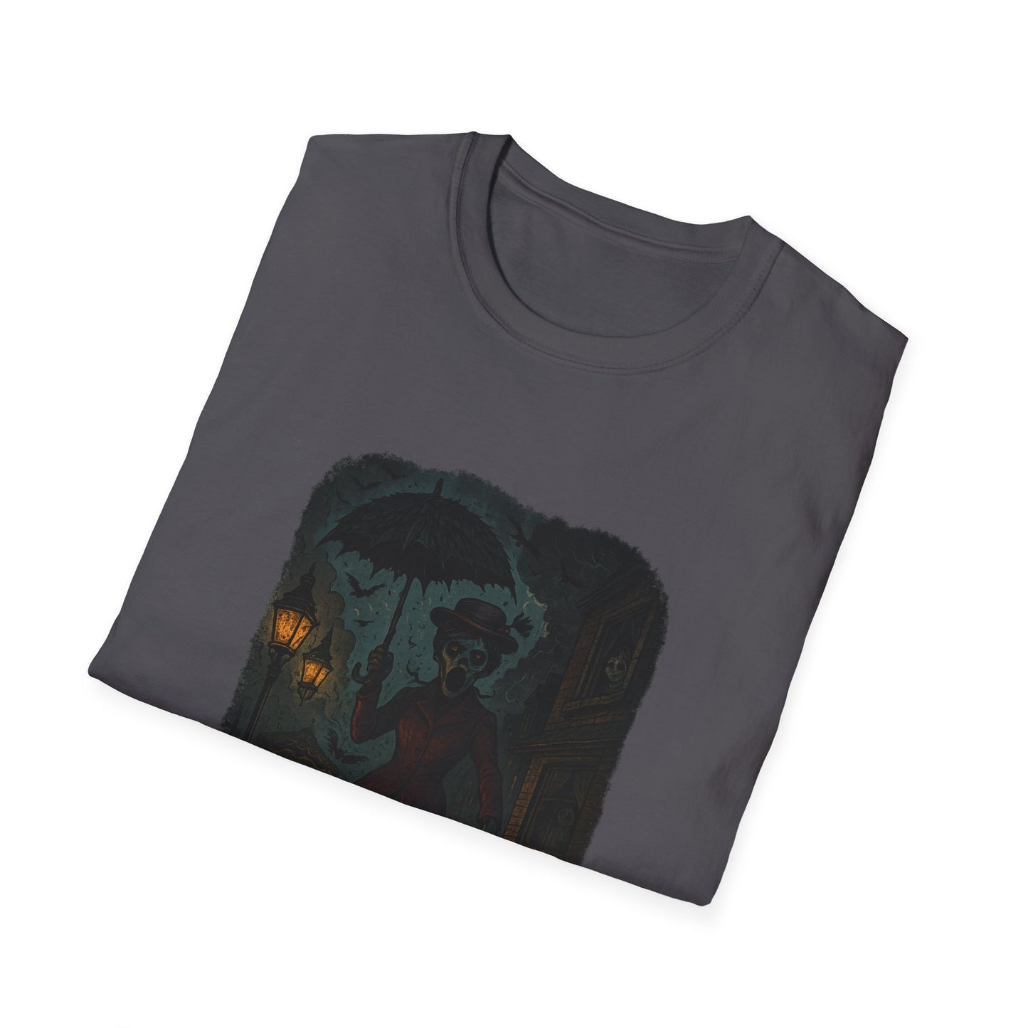 Printify Mary Poppins inspired art tee with dark umbrella and vintage street lamp design