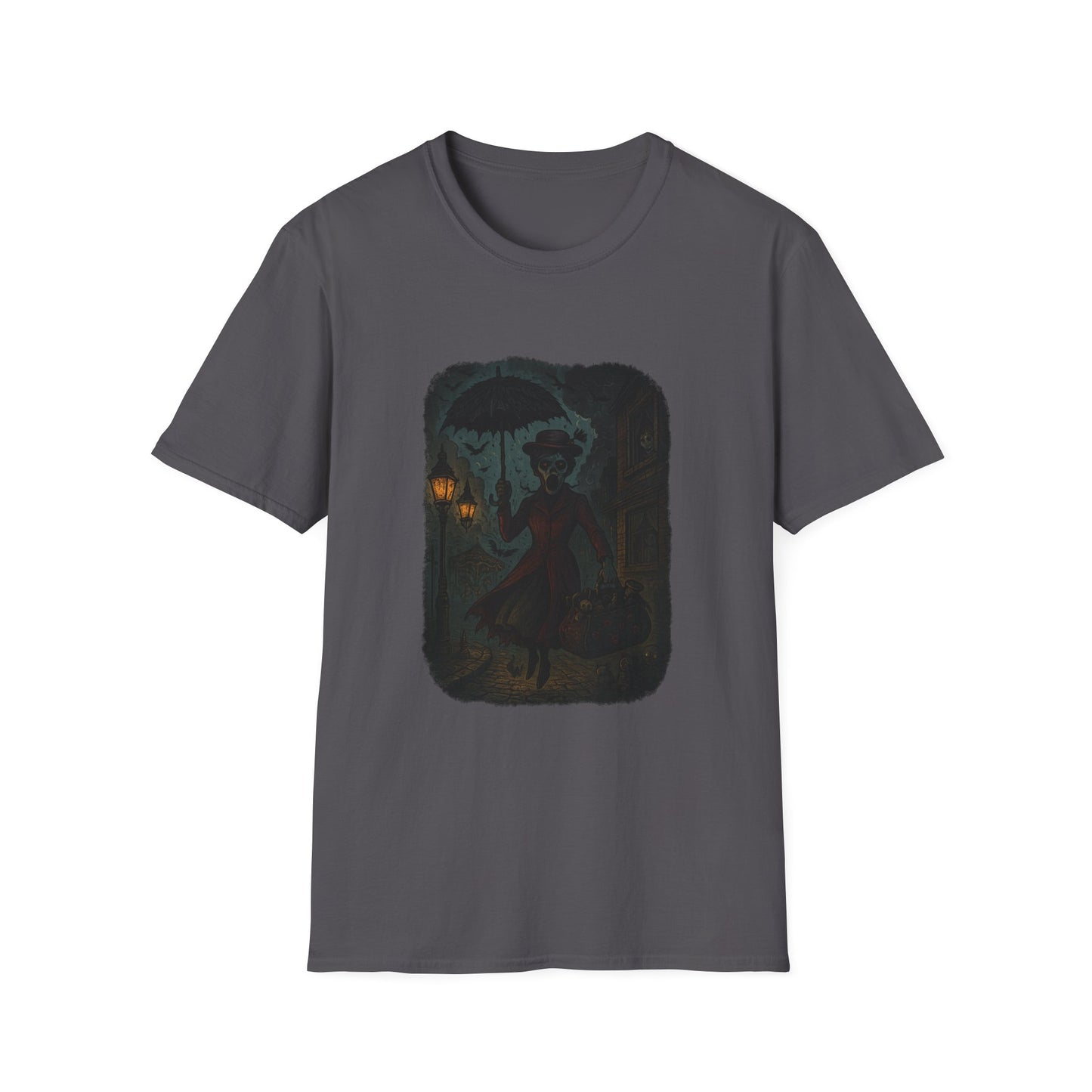 Mary Poppins inspired art tee with dark gray fabric and vintage style illustration of Mary Poppins holding an umbrella