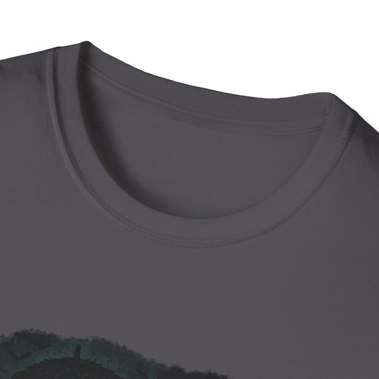 Close-up of gray Printify T-shirt featuring Mary Poppins inspired art tee design with round neckline