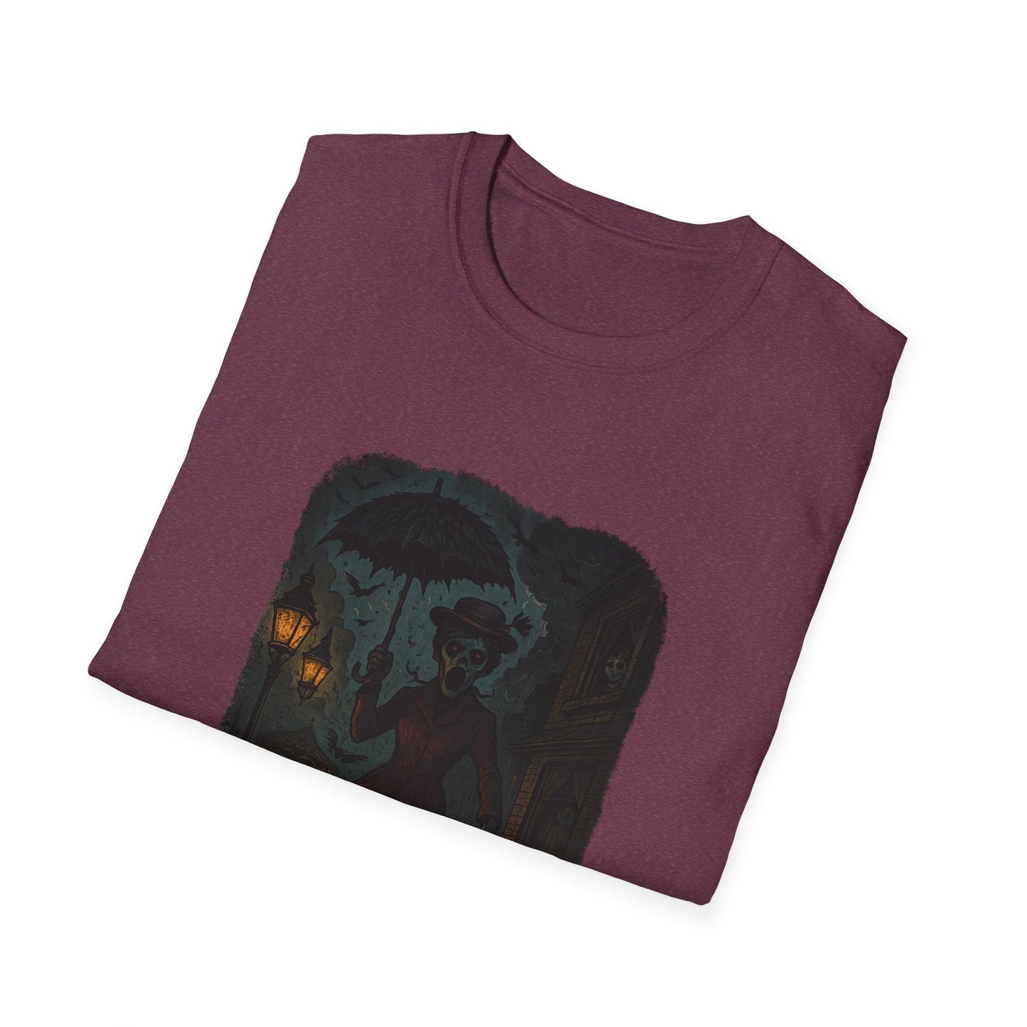 Printify Mary Poppins inspired art tee in maroon with dark whimsical umbrella design