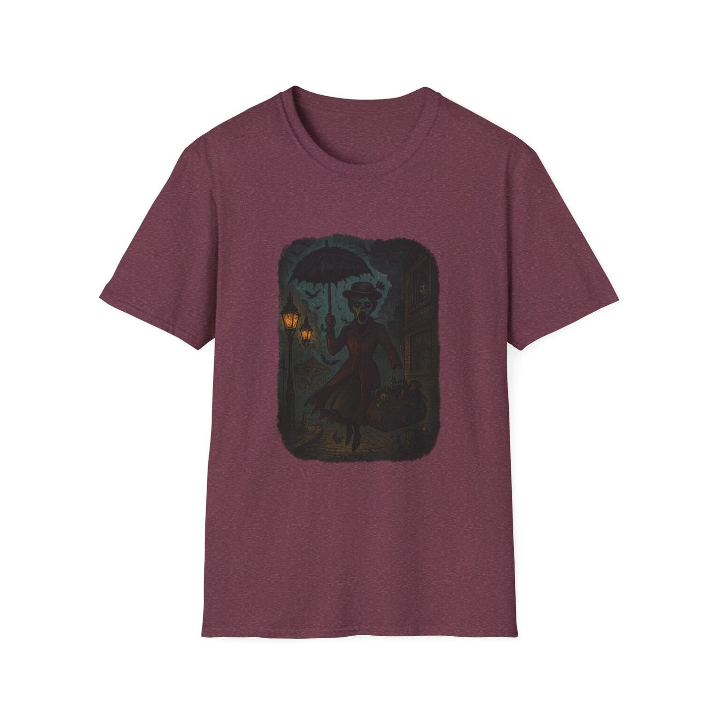 Maroon Printify Mary Poppins inspired art tee featuring silhouette holding umbrella and bag at night