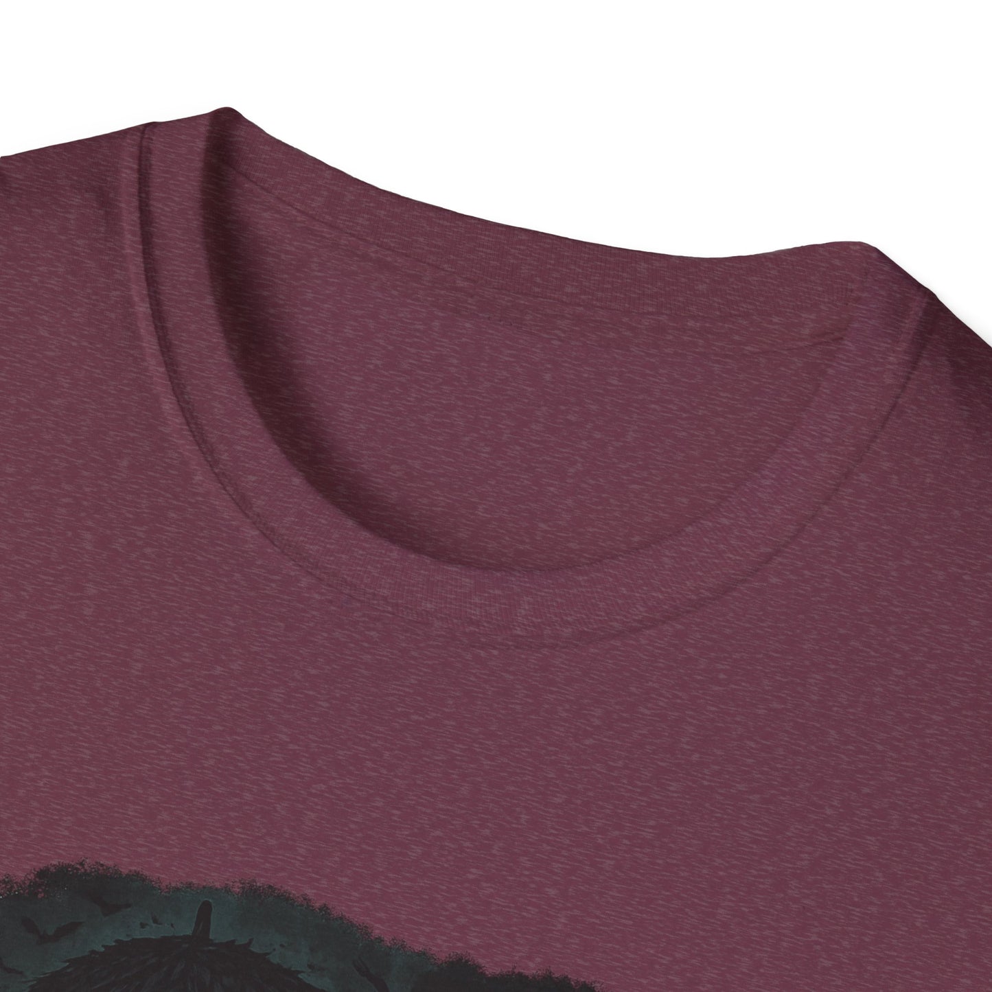 Close-up of maroon Printify Mary Poppins inspired art tee showing neckline and fabric texture