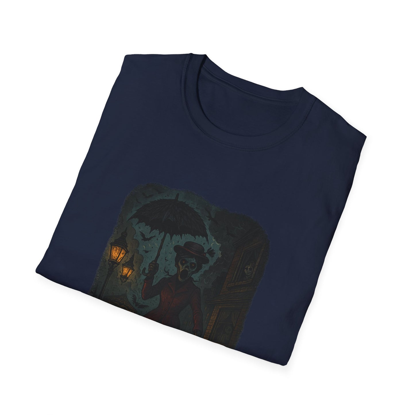 Navy blue Printify Mary Poppins inspired art tee with dark umbrella and vintage street lamp design