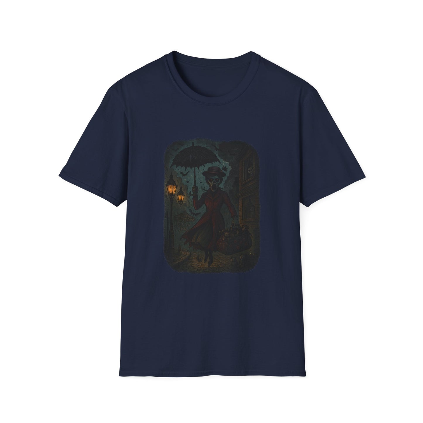 Navy blue Printify T-Shirt with Mary Poppins inspired art tee design featuring a silhouette with umbrella and bag