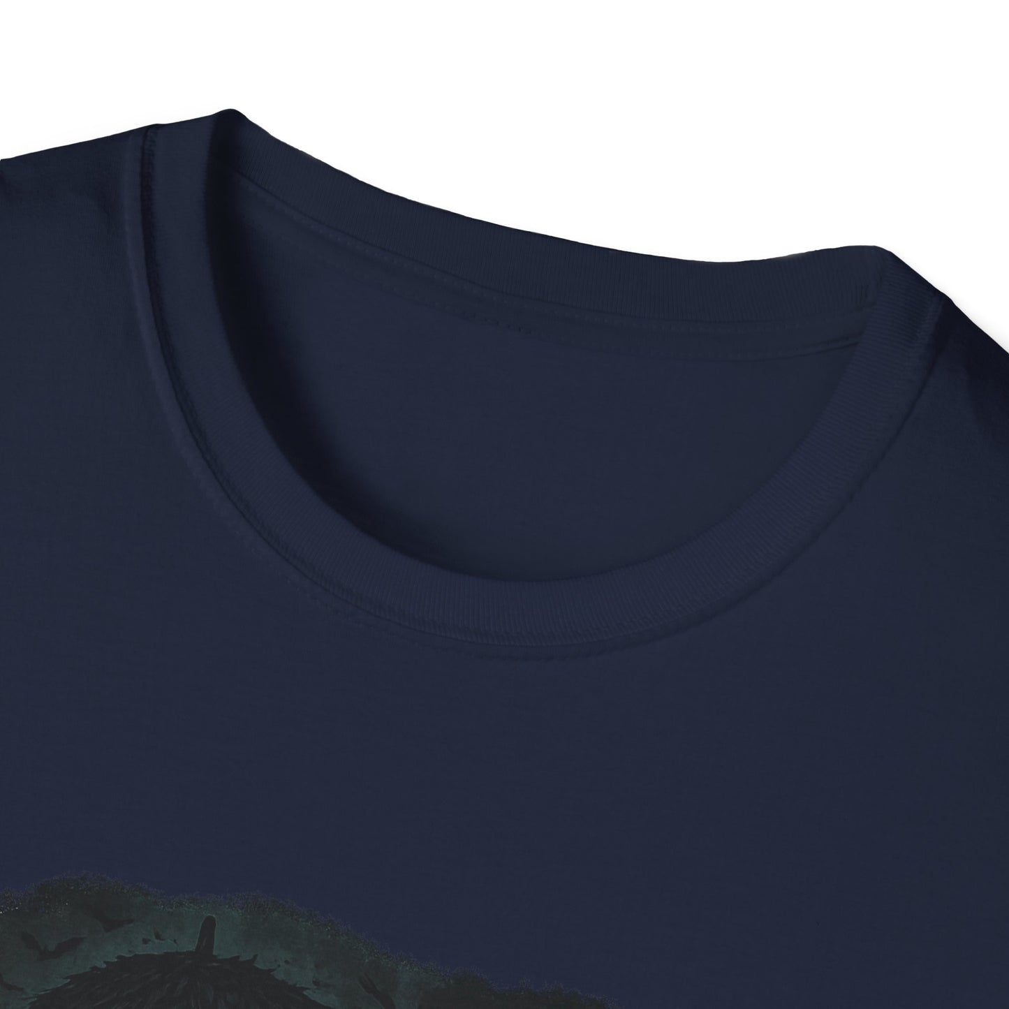 Close-up of navy blue Printify T-Shirt featuring Mary Poppins inspired art tee design on soft fabric