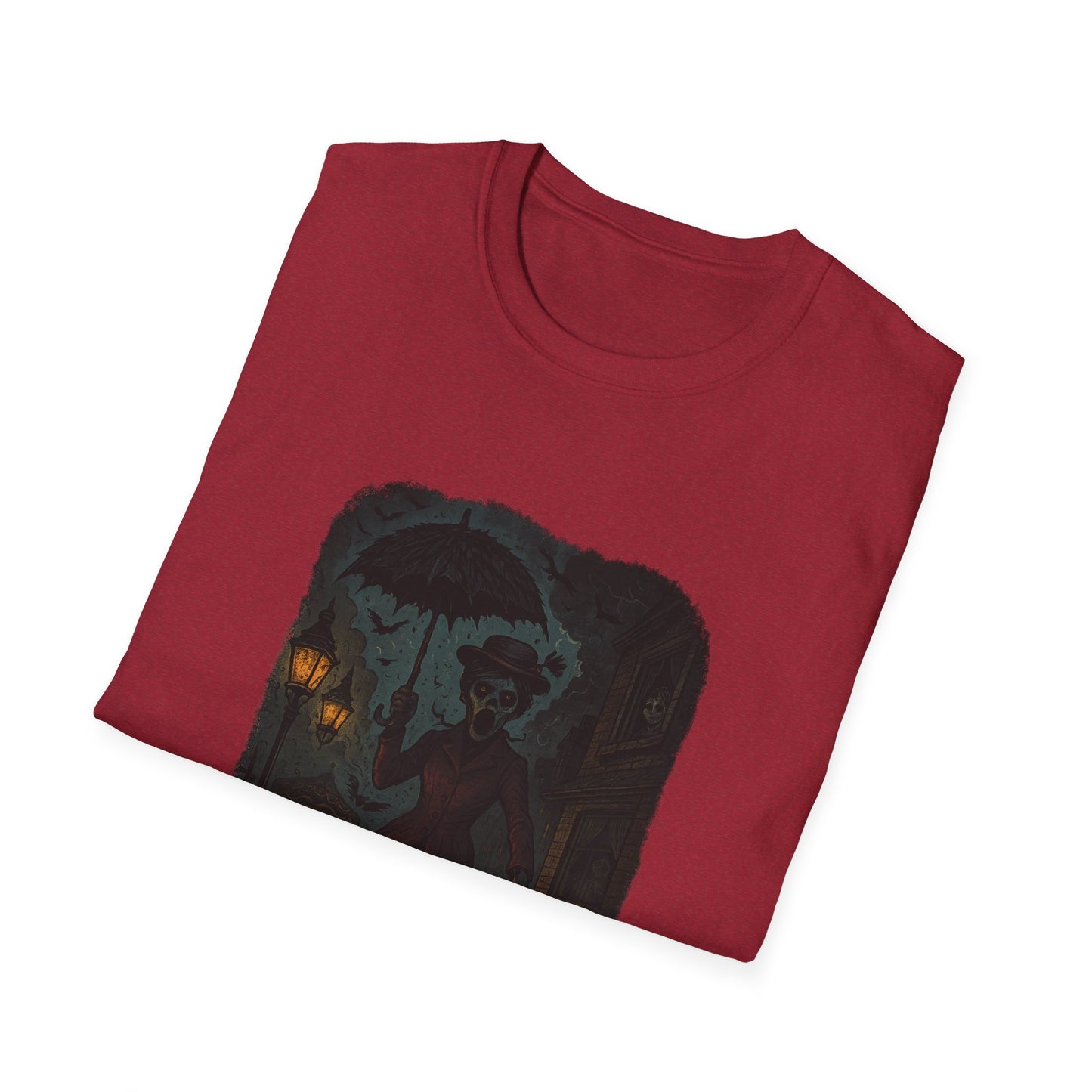Mary Poppins inspired art tee in maroon with dark umbrella and street lamp graphic by Printify