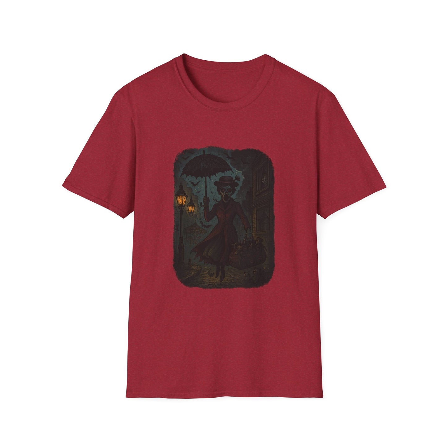 Mary Poppins inspired art tee in red by Printify featuring silhouette illustration with umbrella and lamp post