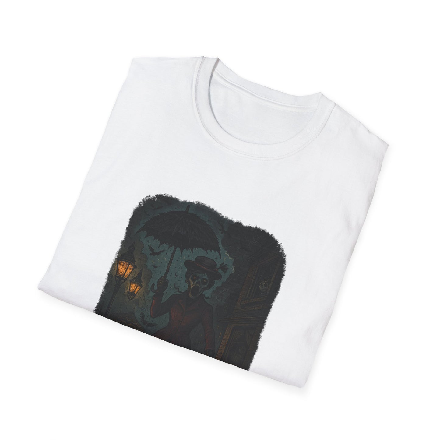 White Printify t-shirt featuring Mary Poppins inspired art tee with dark umbrella design