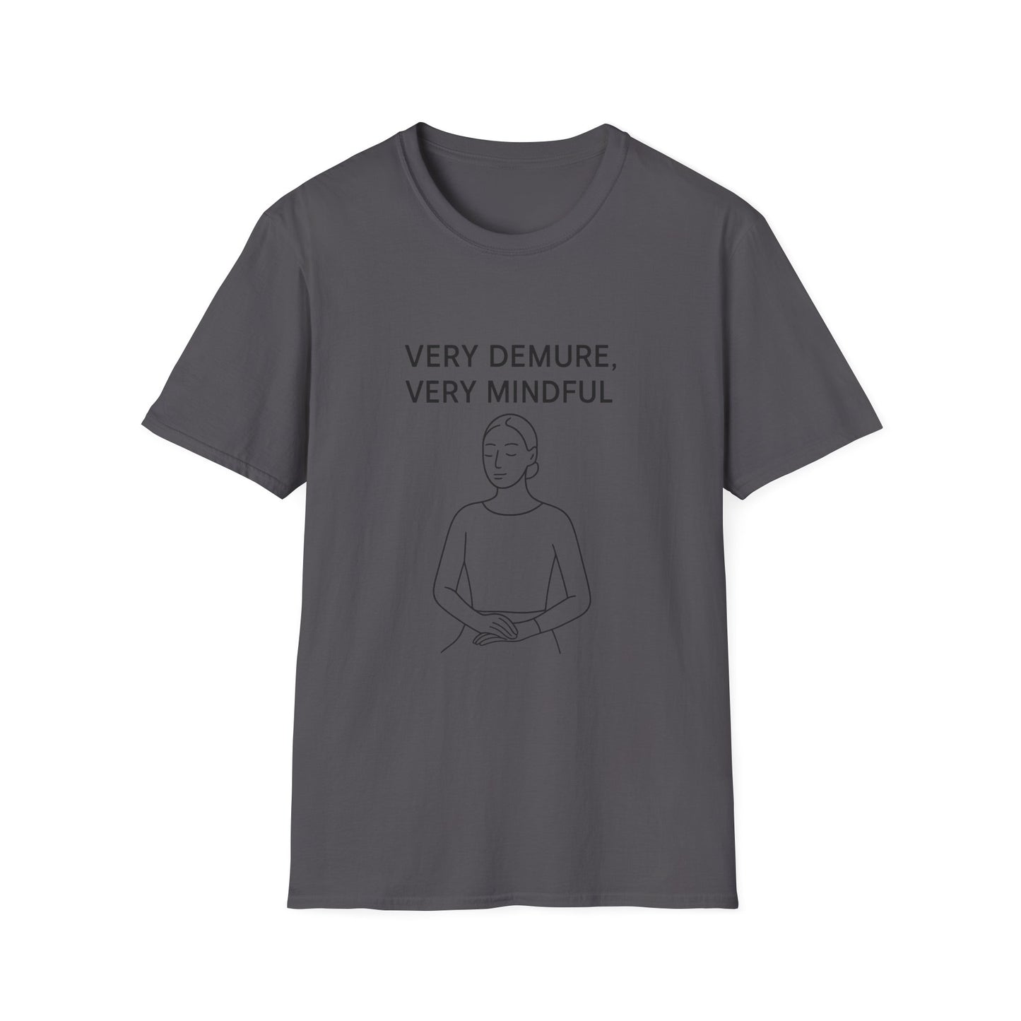 Printify charcoal mindfulness graphic t-shirt with minimalist line art and text very demure very mindful