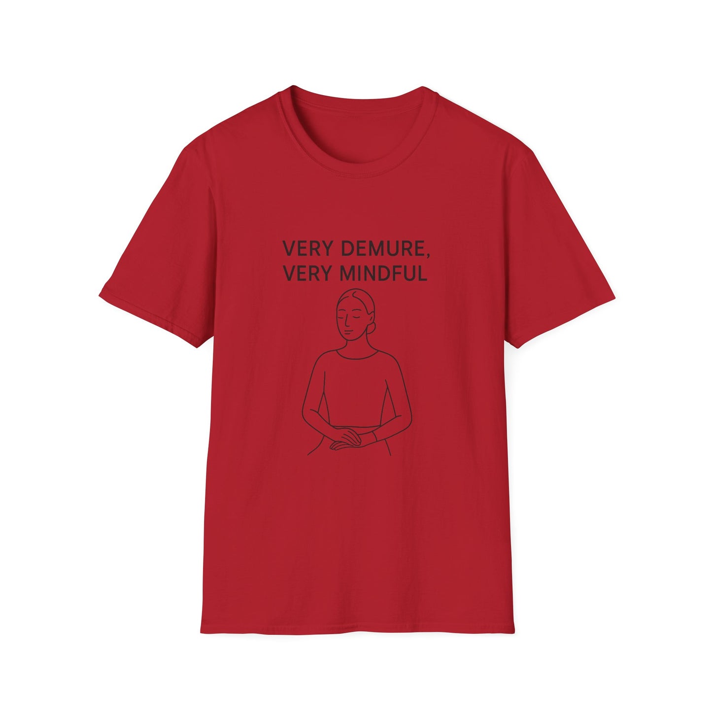 Red Printify mindfulness graphic t-shirt featuring a calm figure and text very demure very mindful