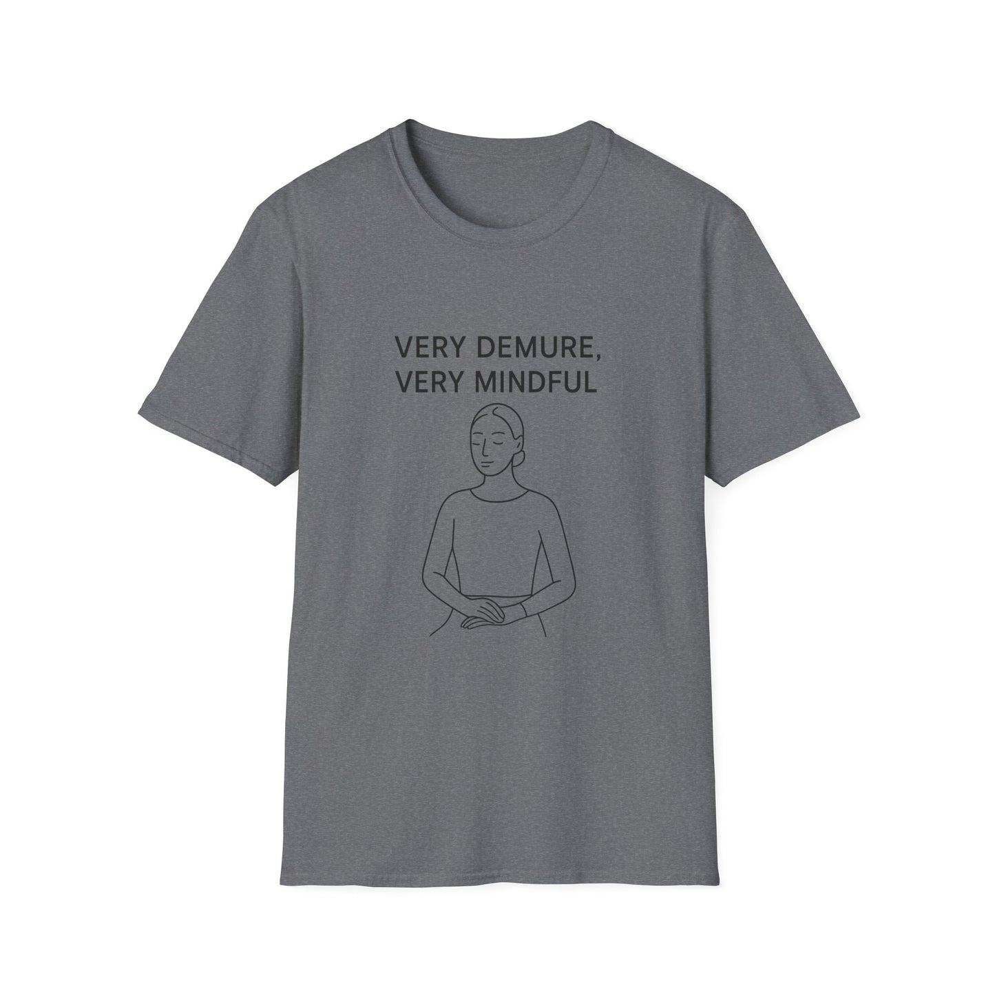 Gray Printify mindfulness graphic t-shirt with simple line art and text very demure very mindful
