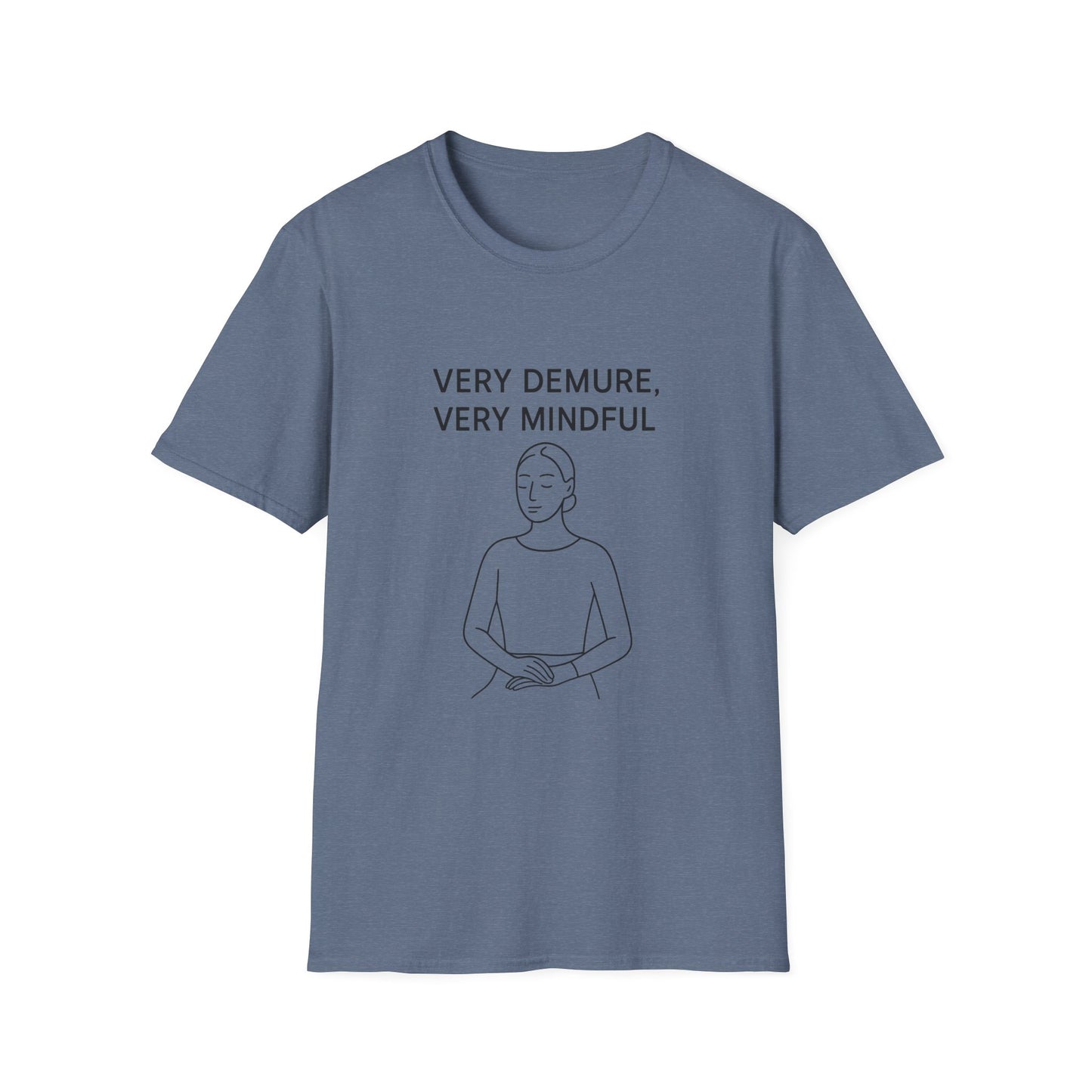 Printify mindfulness graphic t-shirt in blue with simple line art and text saying very demure very mindful