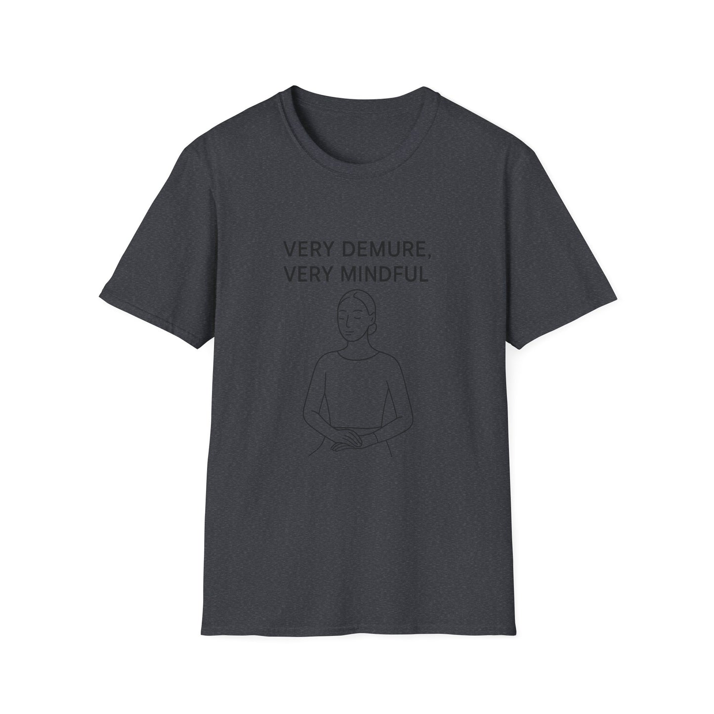 Black mindfulness graphic t-shirt by Printify with serene figure and text very demure very mindful