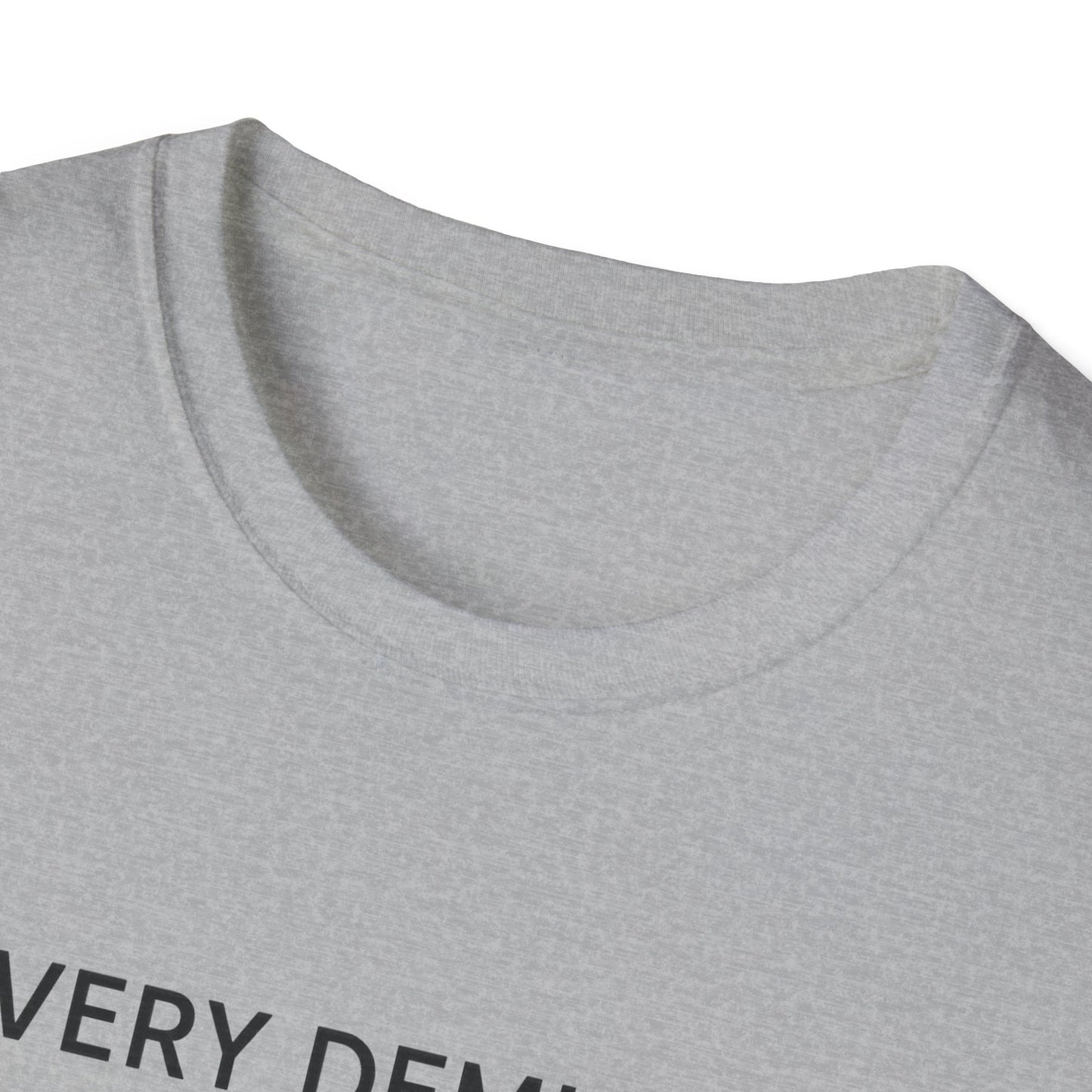 Close-up of gray mindfulness graphic t-shirt neck and partial text print by Printify