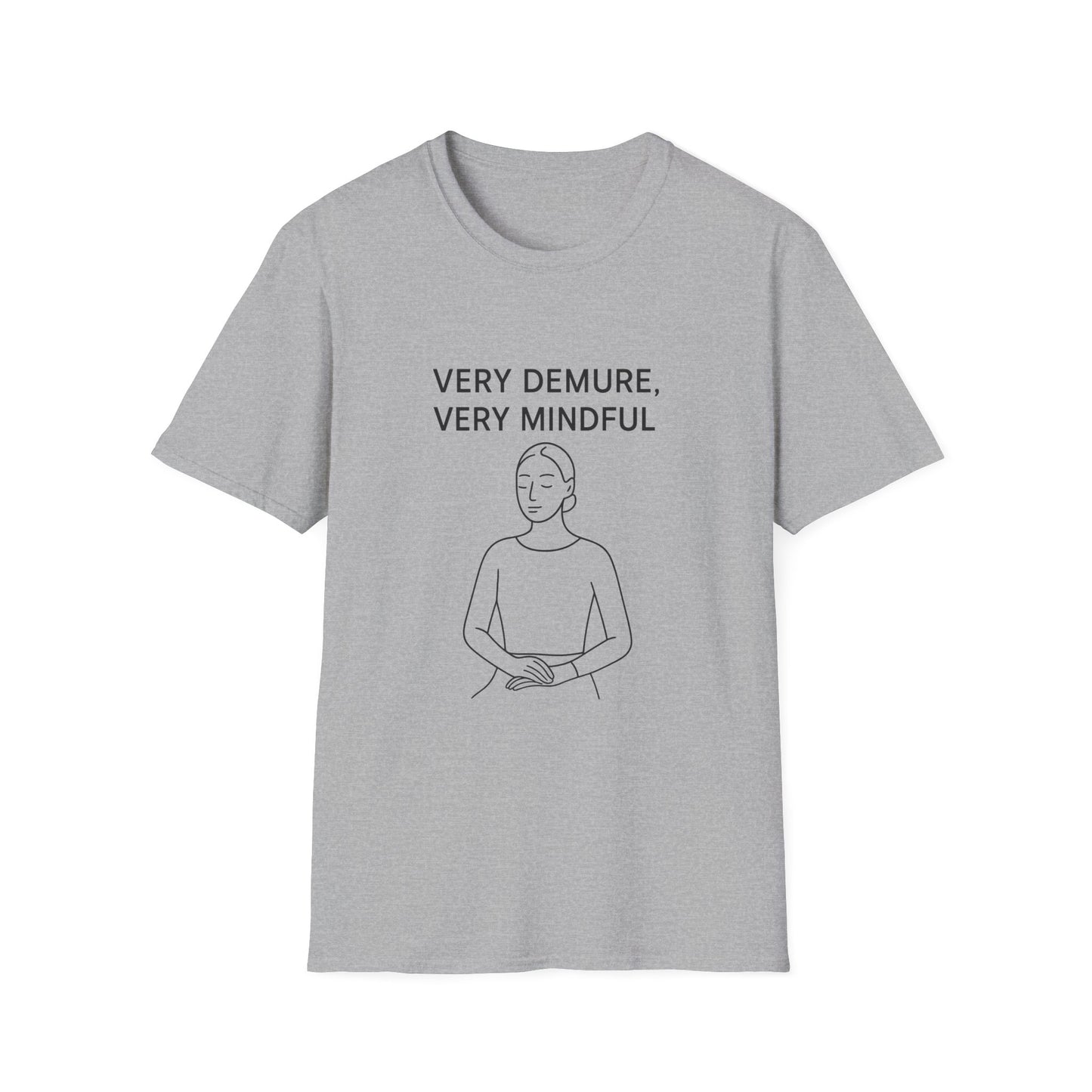 Gray Printify mindfulness graphic t-shirt with simple line art and text very demure very