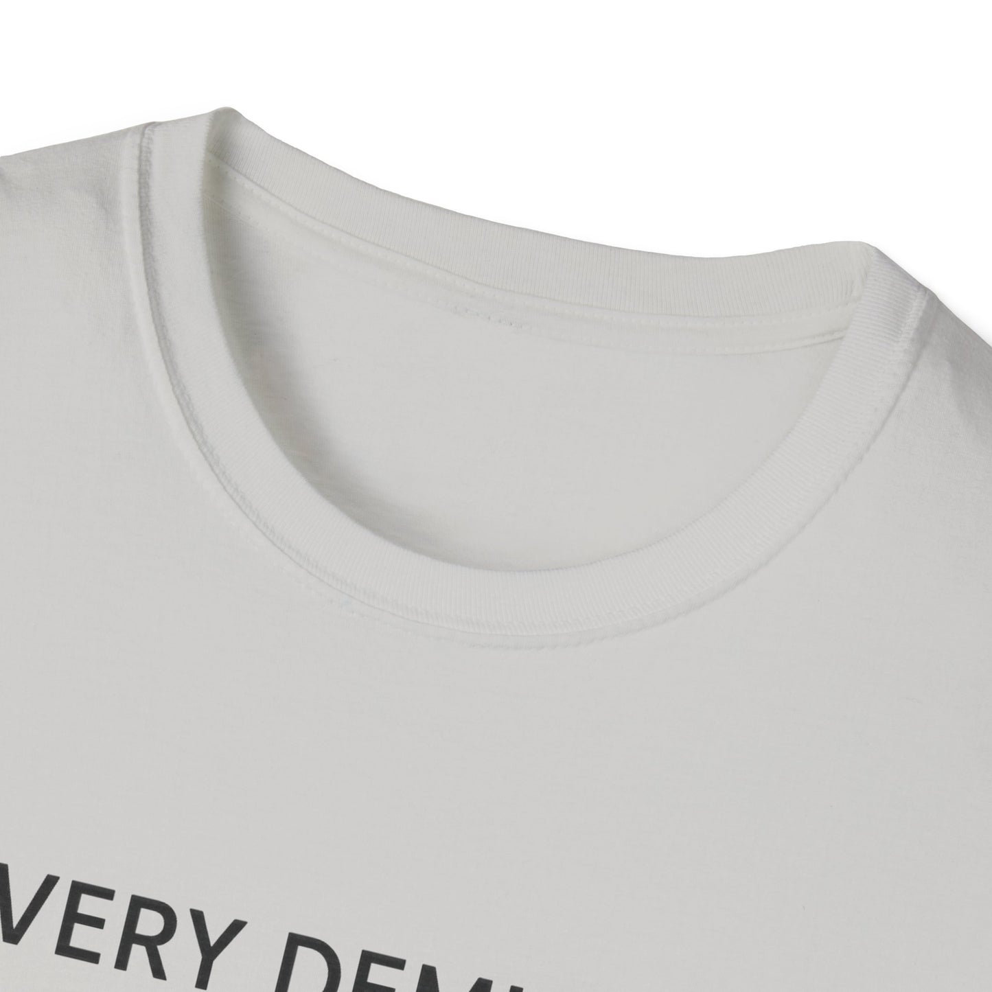 Close-up of white Printify mindfulness graphic t-shirt showing round neckline and partial black text print