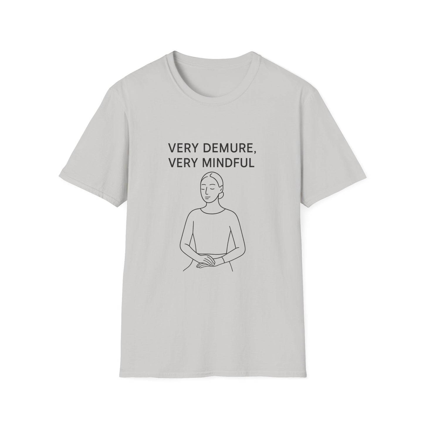 Light gray mindfulness graphic t-shirt with calm line drawing and text very demure very mindful