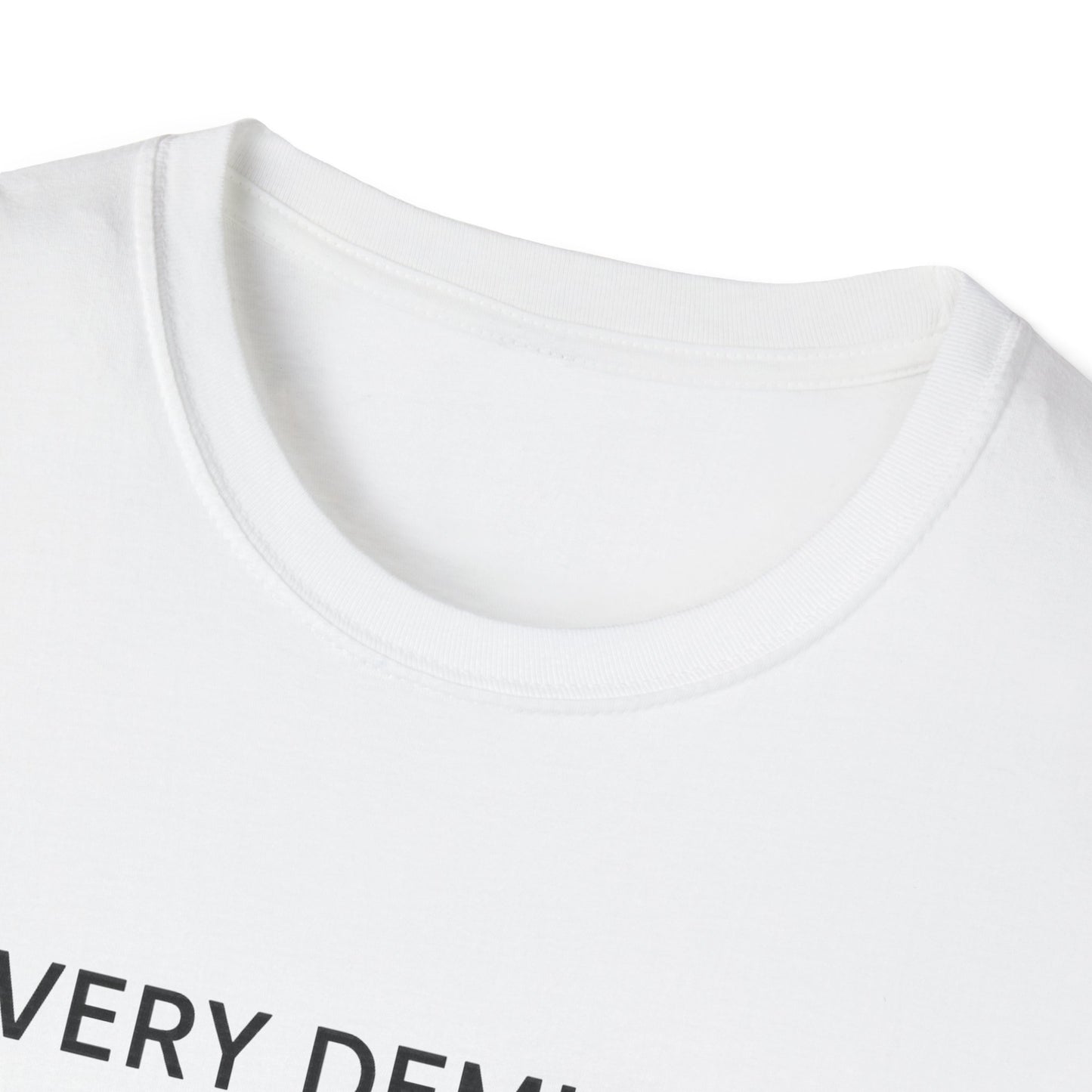 Close-up of white Printify mindfulness graphic t-shirt with black text design and round neckline