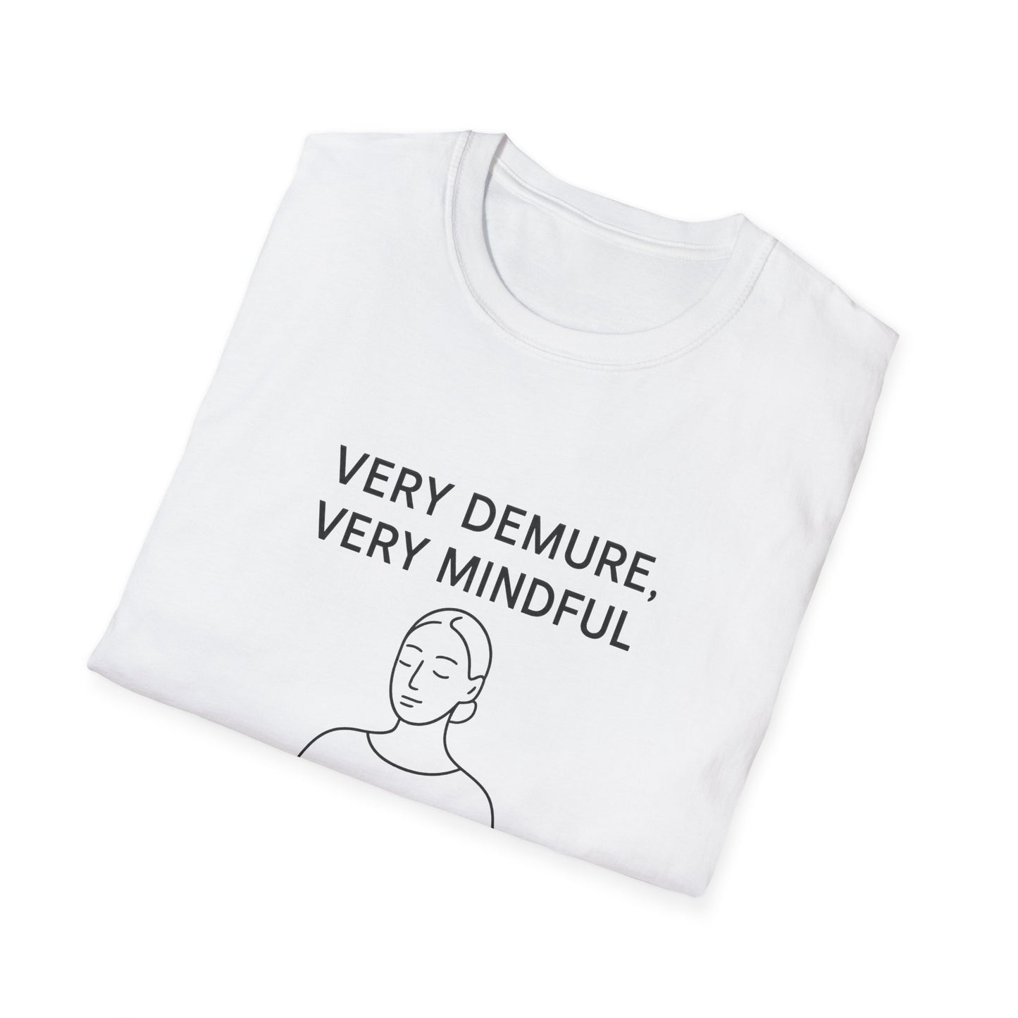 White Printify mindfulness graphic t-shirt with simple line art of a calm person and text