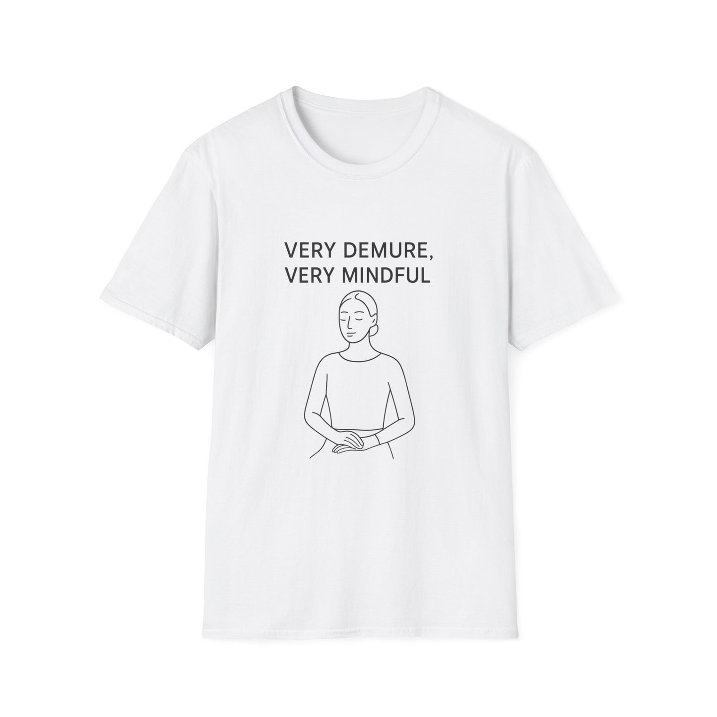 White Printify mindfulness graphic t-shirt with simple line art and text very demure very mindful