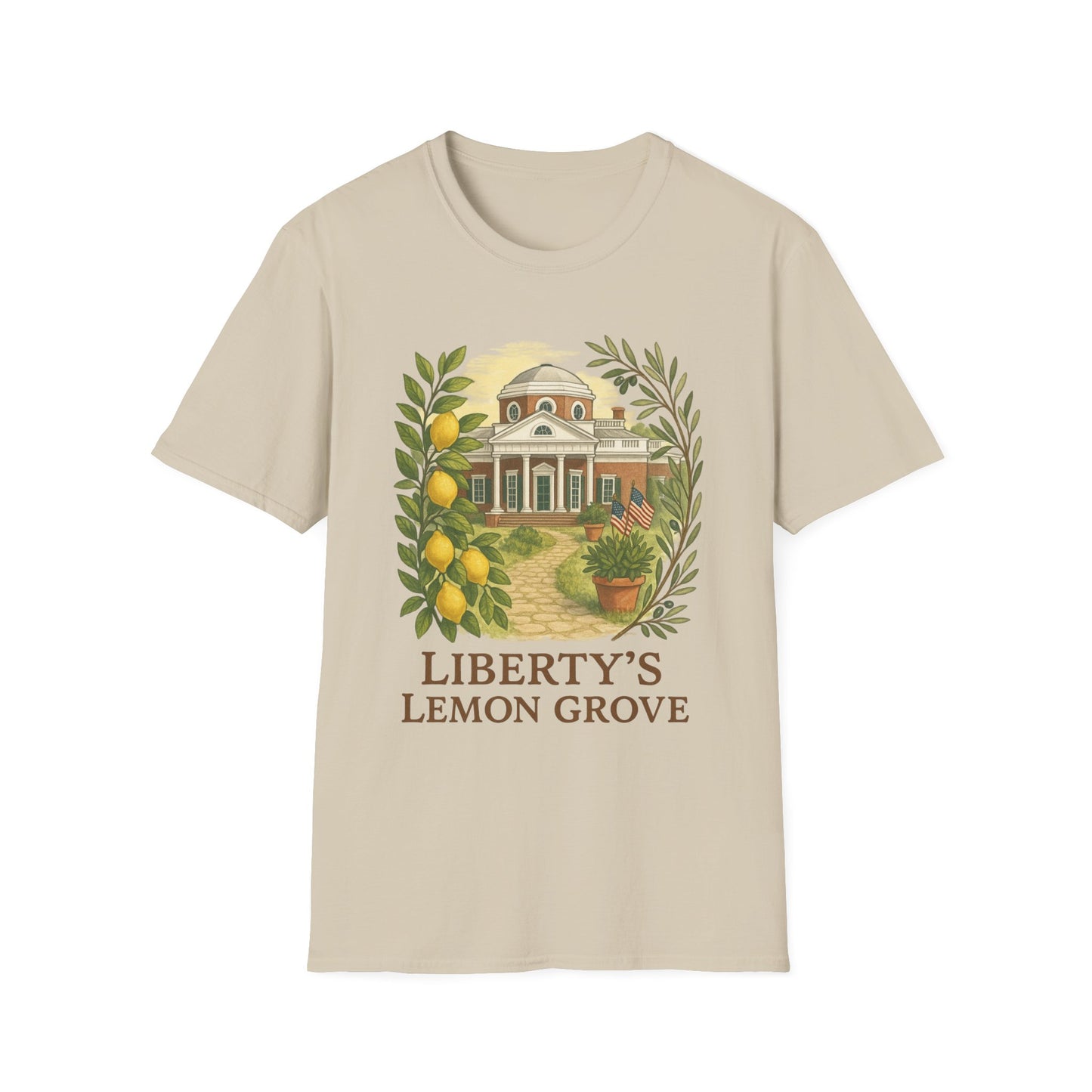 Printify Monticello Lemon Grove t-shirt with historic building and lemon grove design