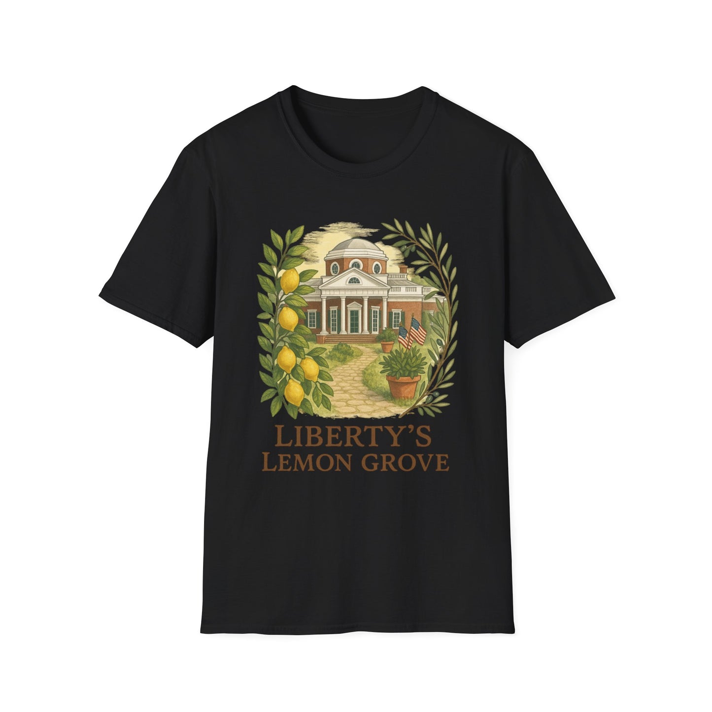 Black Monticello Lemon Grove t-shirt with vintage design of Monticello and lemon branches