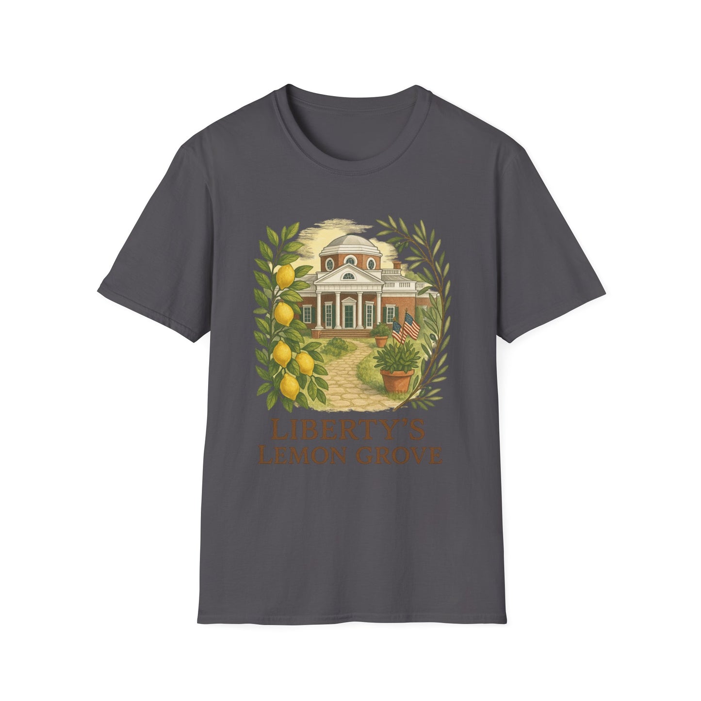 Monticello Lemon Grove t-shirt by Printify with a vintage Monticello house and lemon design on gray fabric