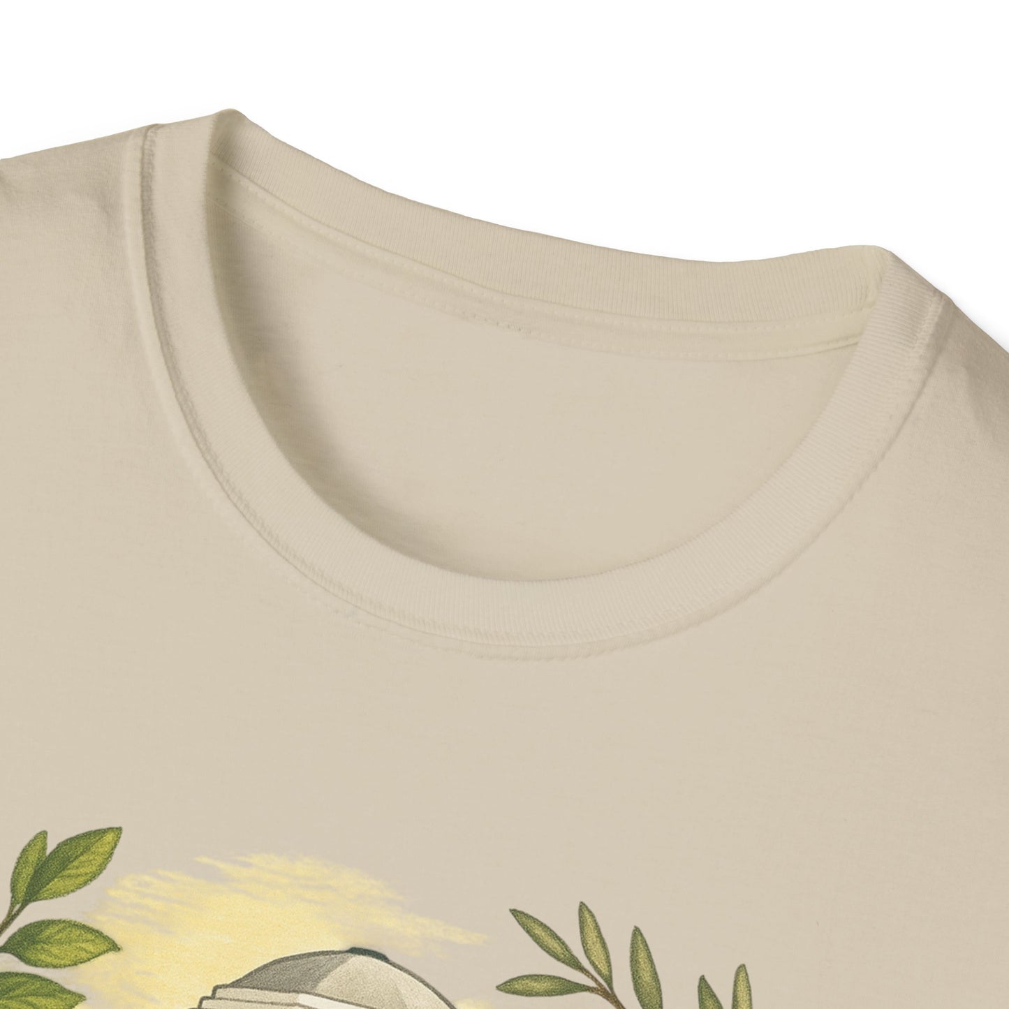 Close-up of Printify Monticello Lemon Grove t-shirt showing collar and part of graphic design