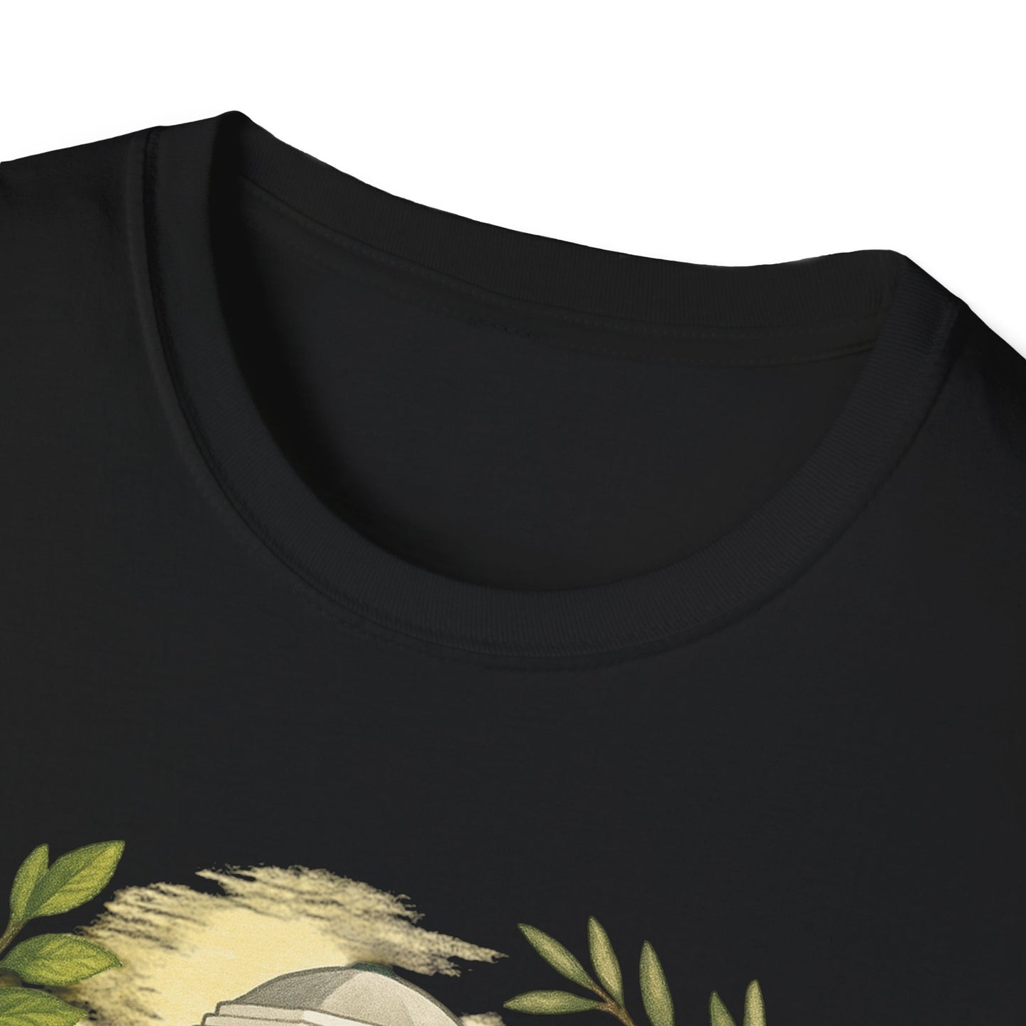 Close-up of black Monticello Lemon Grove t-shirt with detailed lemon grove design on Printify cotton fabric