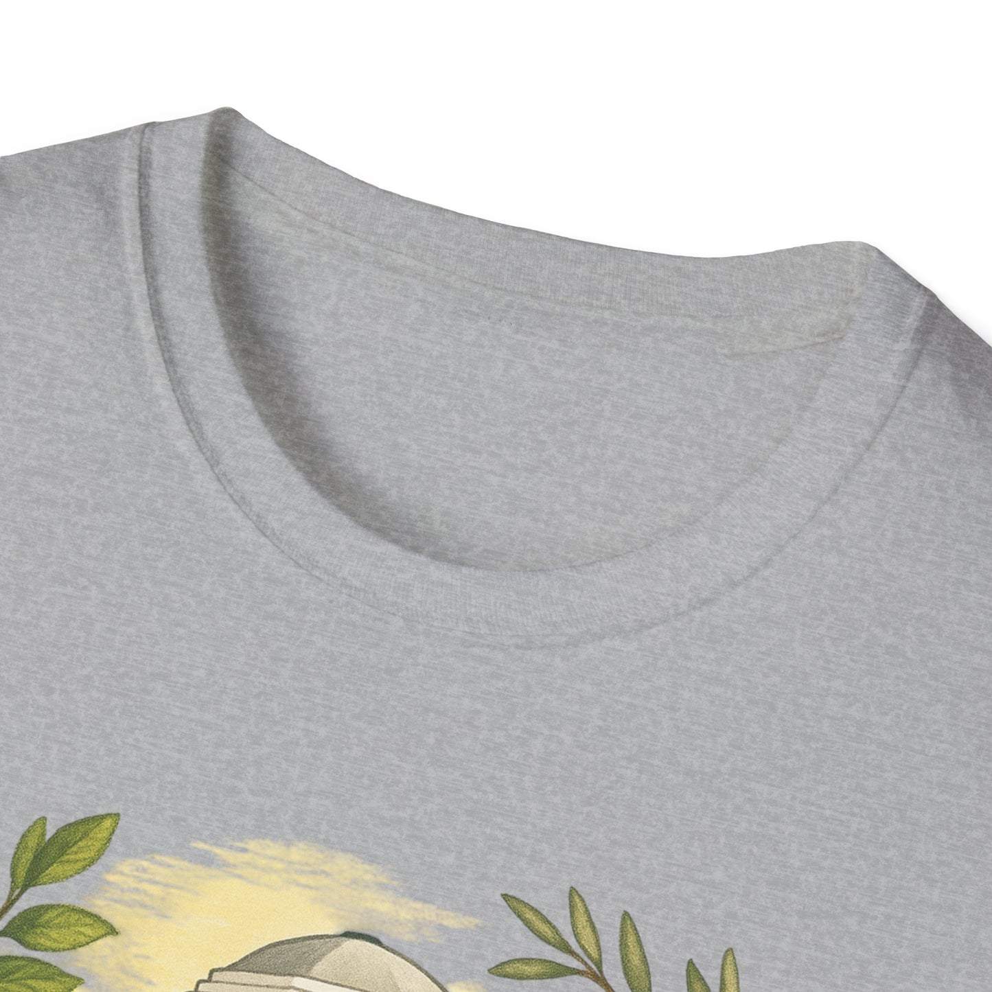 Close-up of gray Monticello Lemon Grove t-shirt collar and part of printed design by Printify