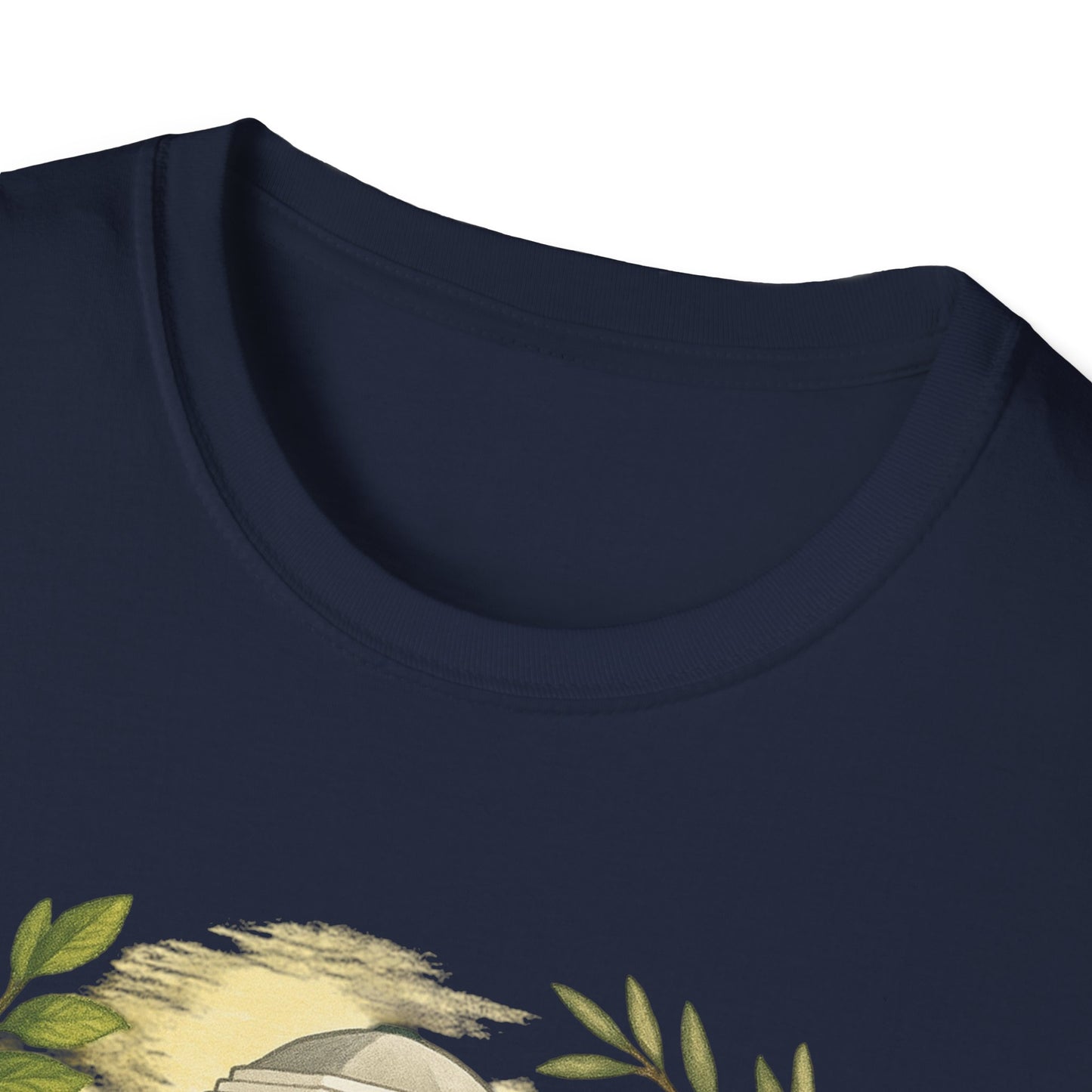 Close-up of navy blue Monticello Lemon Grove t-shirt collar with leafy design on Printify shirt