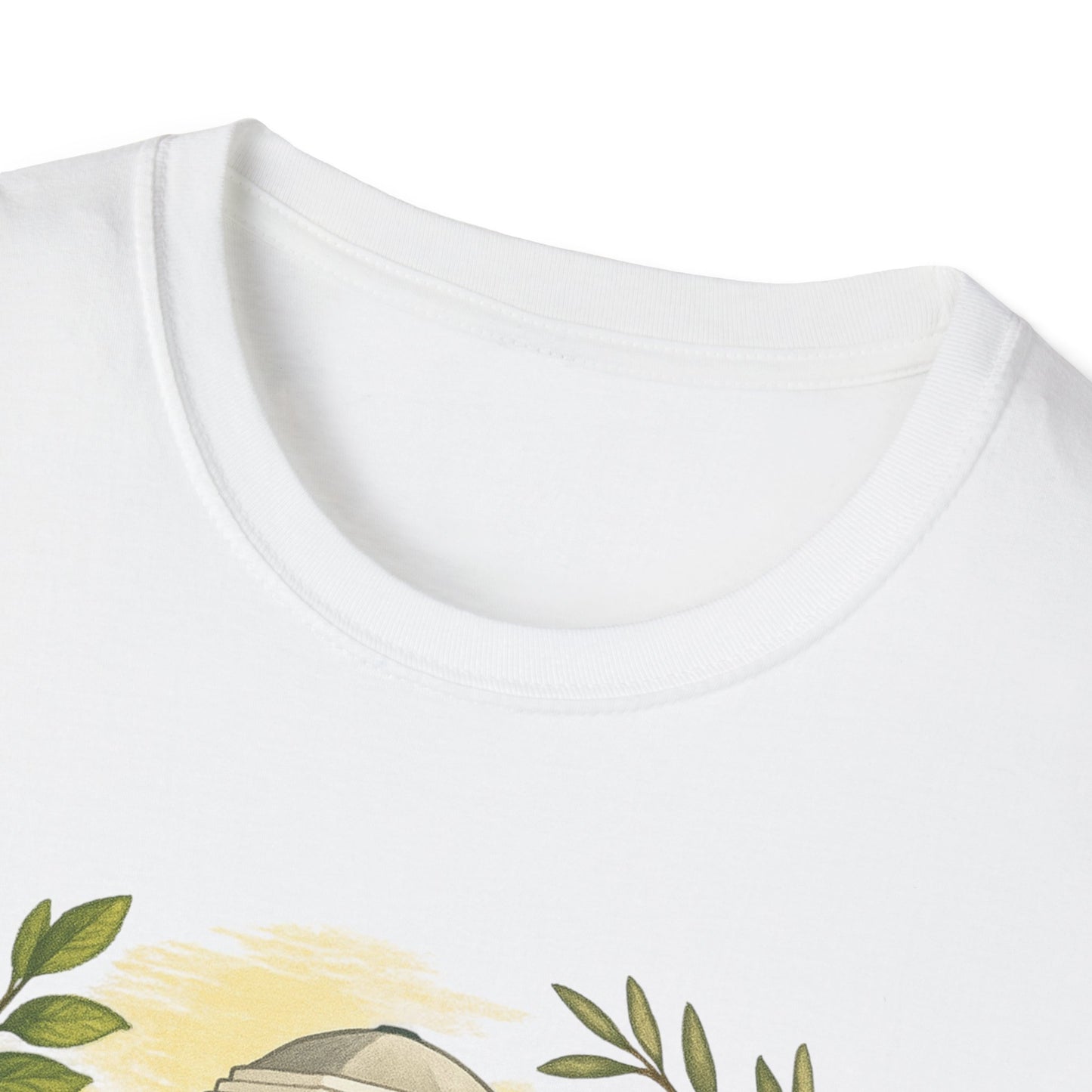Close-up of white Monticello Lemon Grove t-shirt collar and partial graphic design on Printify shirt