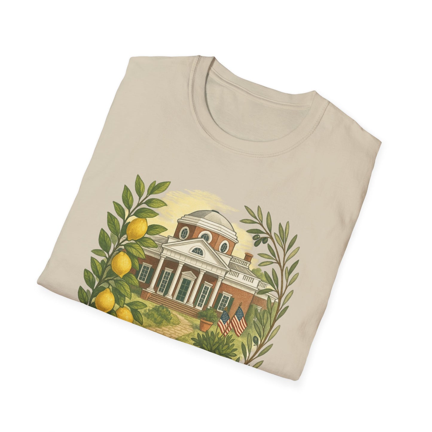 Printify Monticello Lemon Grove t-shirt with historic building and lemon tree design on beige fabric
