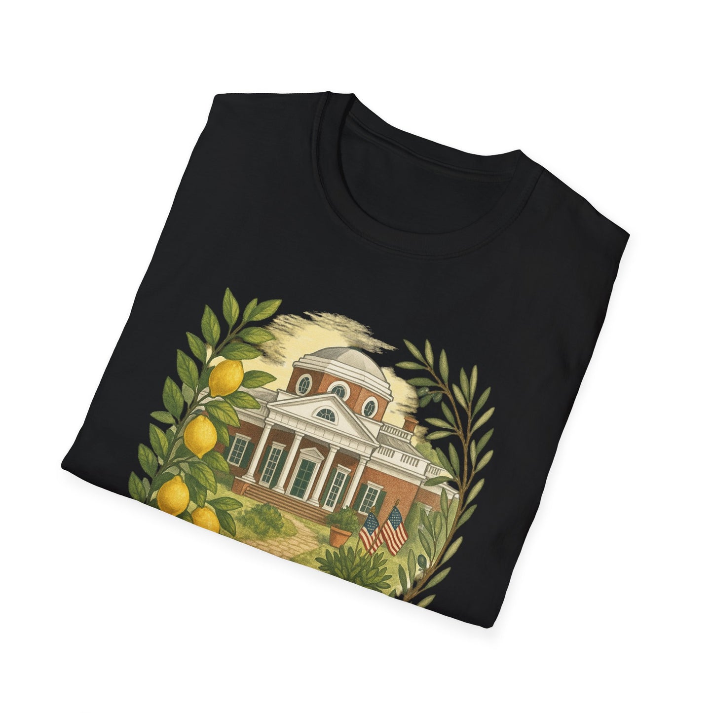 Black Monticello Lemon Grove t-shirt with graphic of Monticello house surrounded by lemon branches