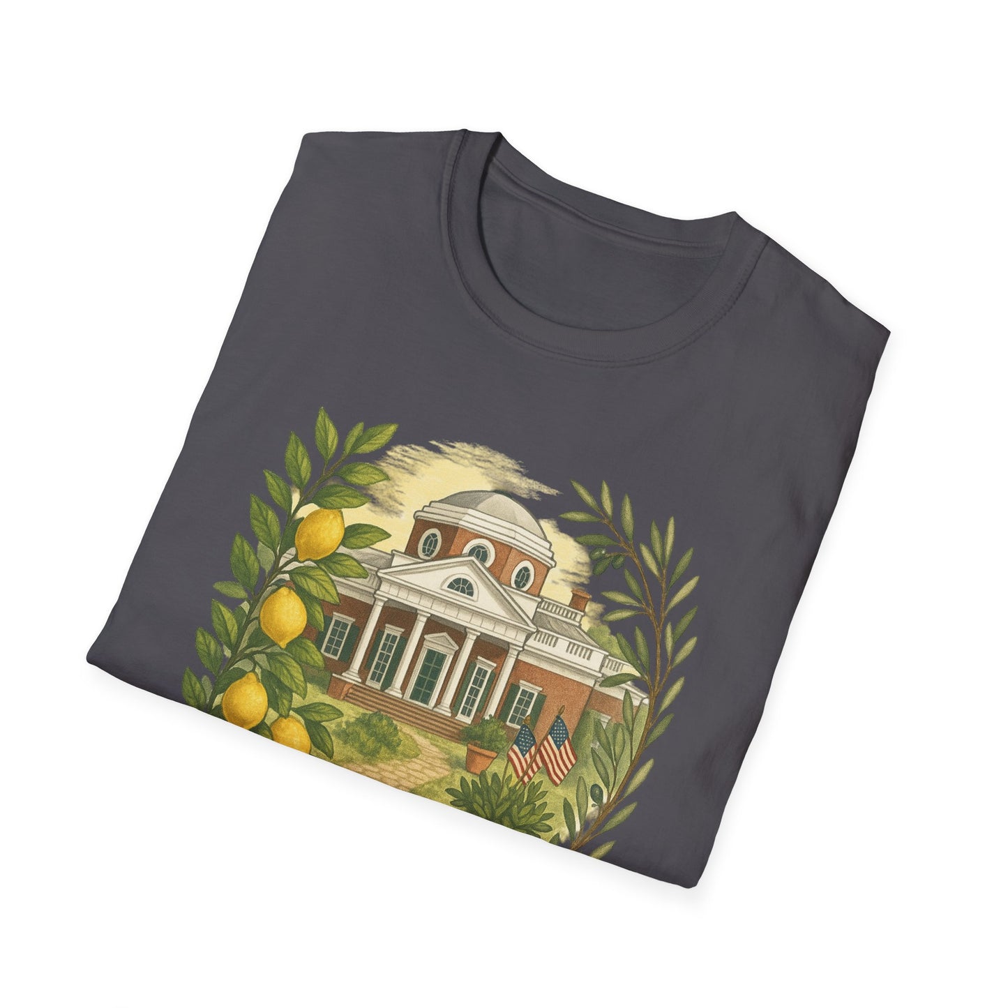 Printify Monticello Lemon Grove t-shirt with historic building and lemon branch design on dark fabric