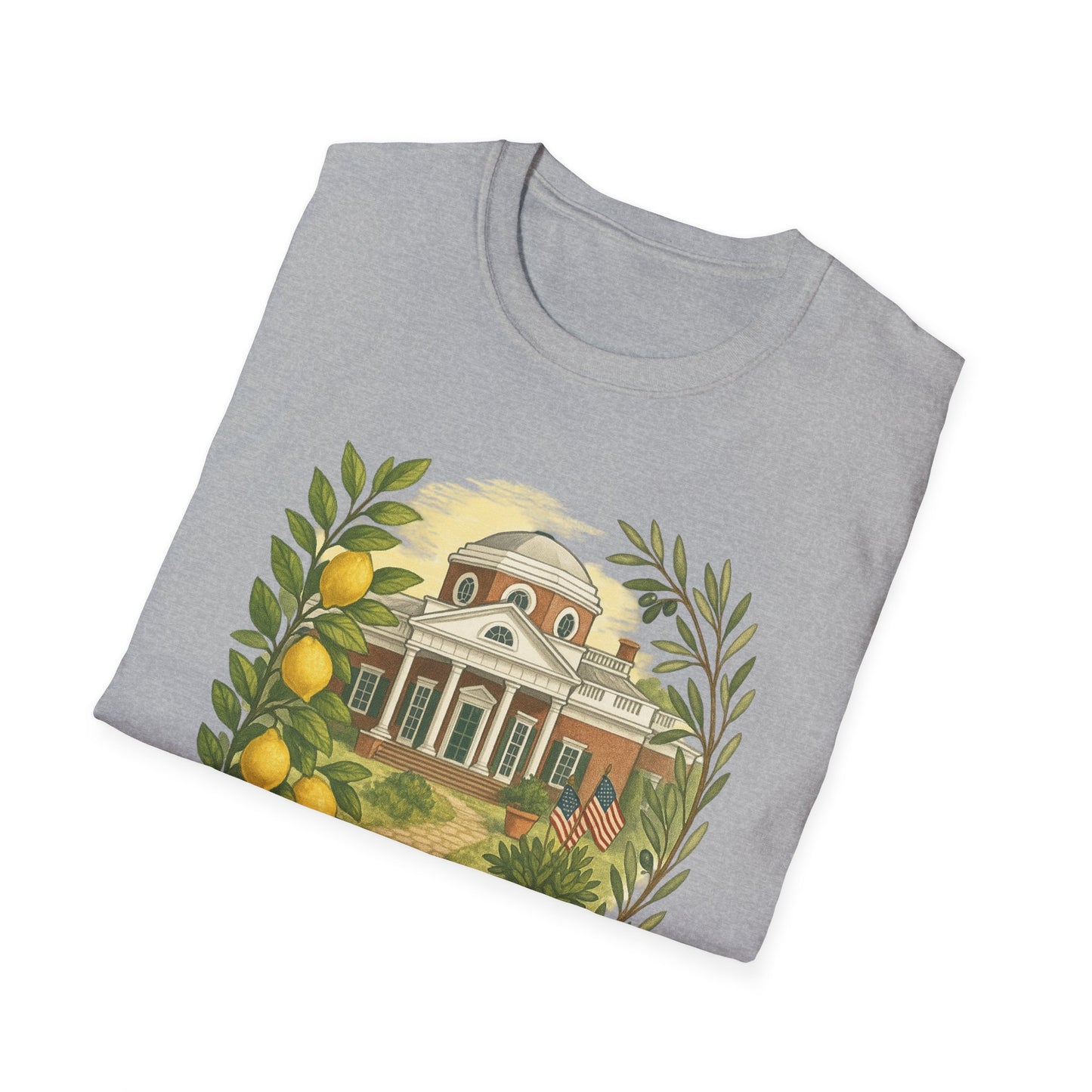 Printify Monticello Lemon Grove t-shirt with illustration of Monticello house and lemon branches