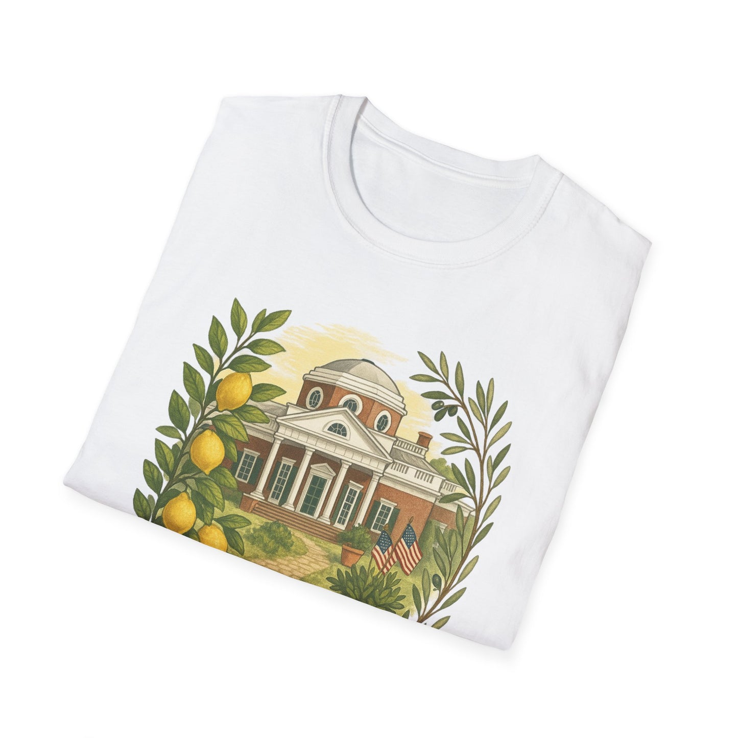 White Monticello Lemon Grove t-shirt by Printify featuring Monticello building and lemon branches design