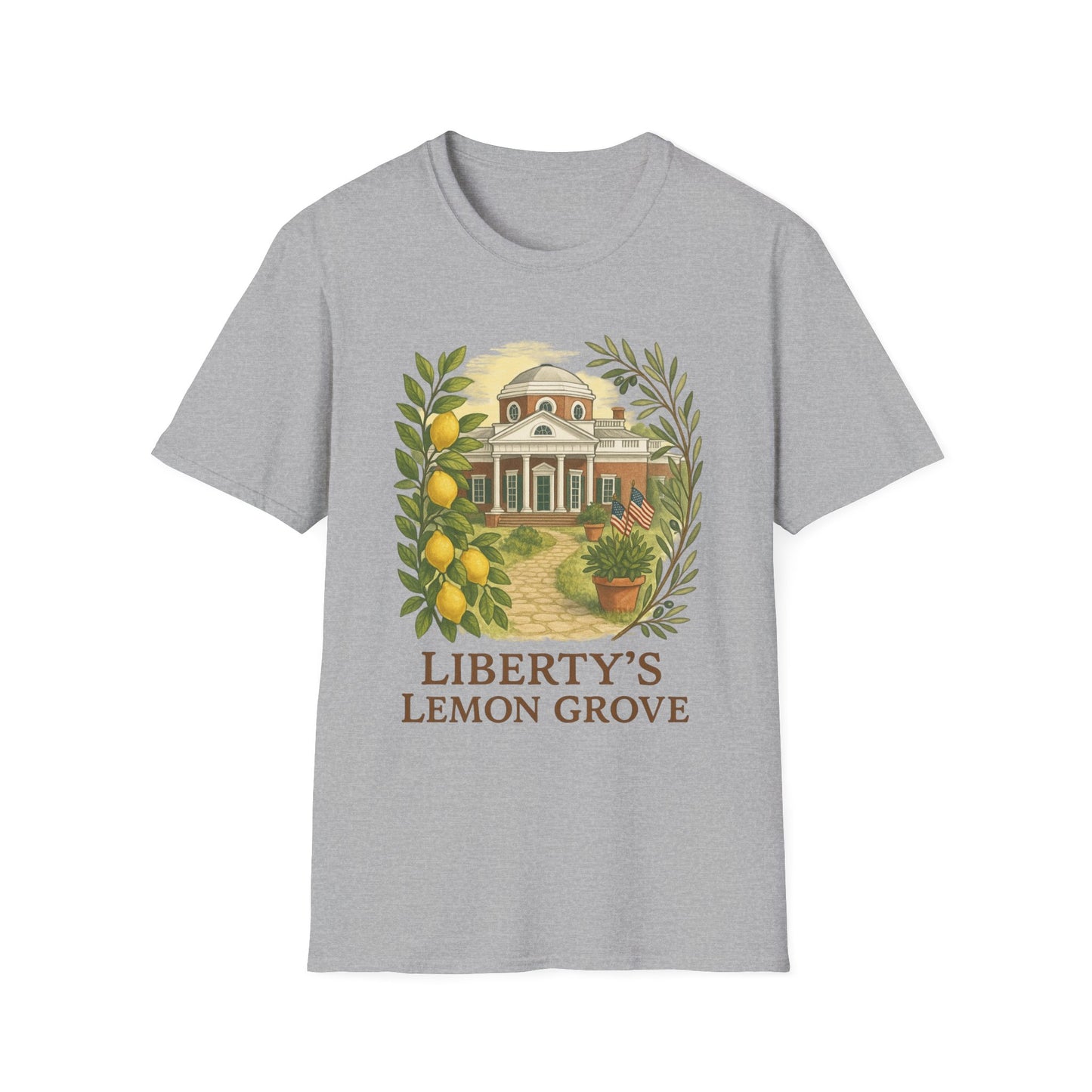 Gray Monticello Lemon Grove t-shirt with vintage-style lemon and Monticello house design
