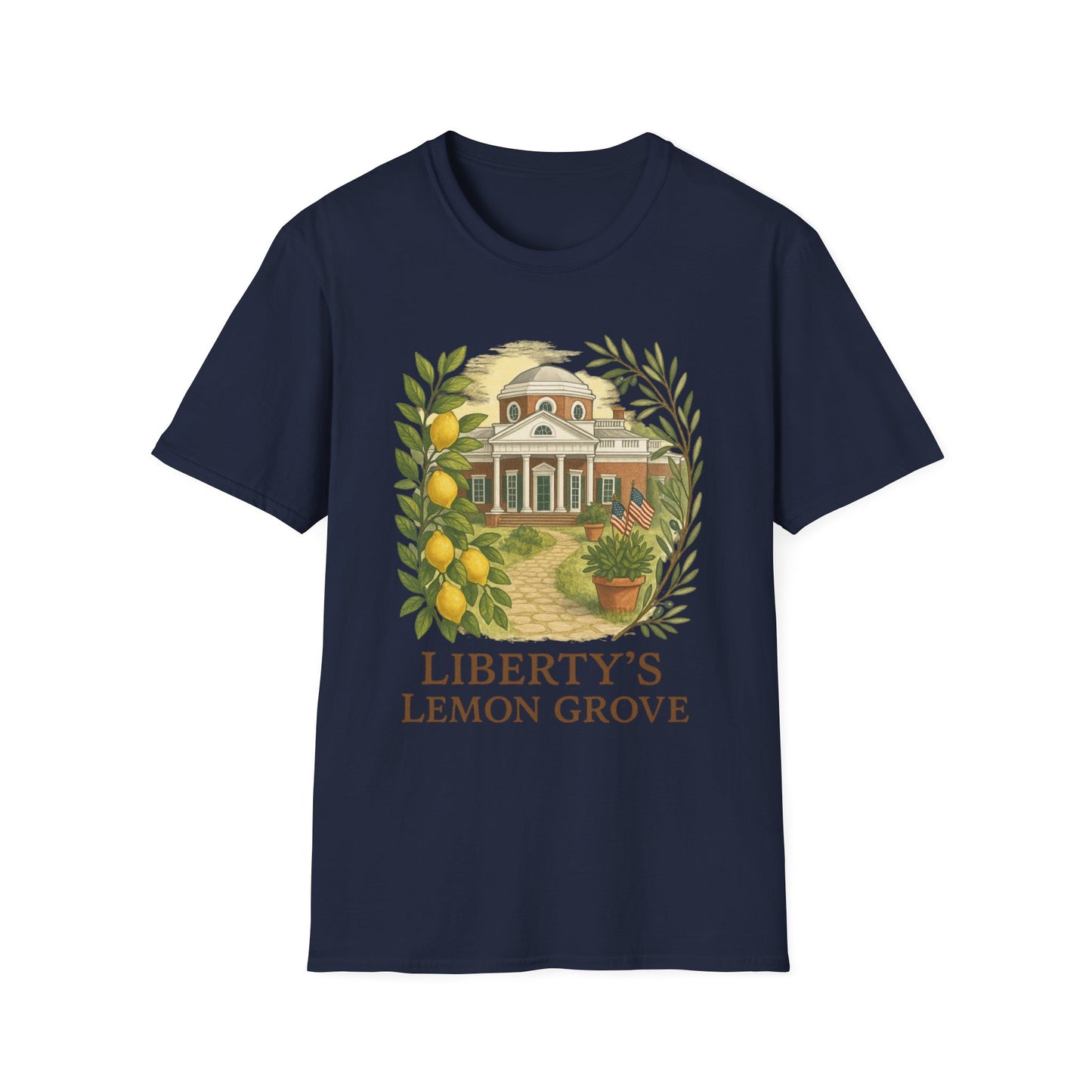 Navy Monticello Lemon Grove t-shirt featuring historic Monticello building and lemon design