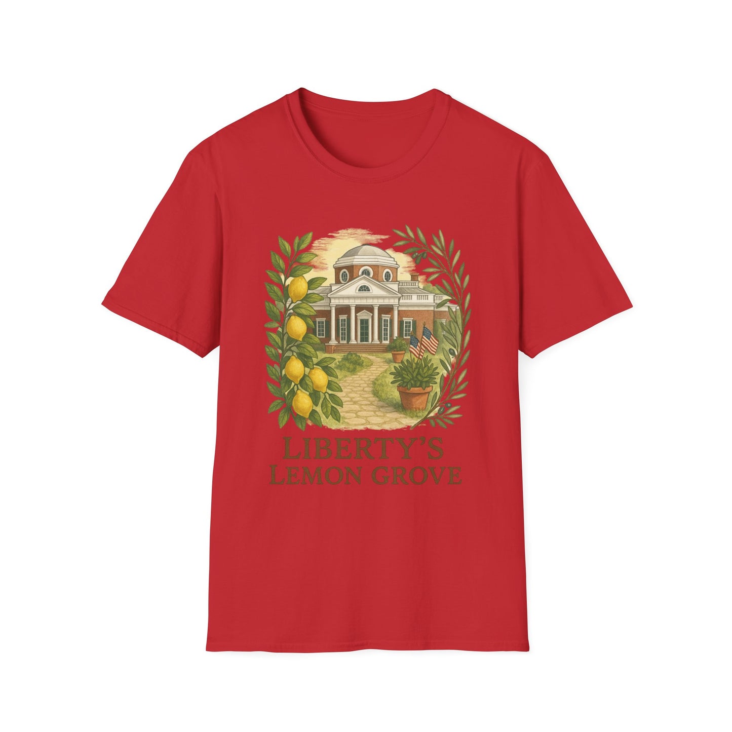 Red Monticello Lemon Grove t-shirt featuring historic Monticello house with lemon and flag design