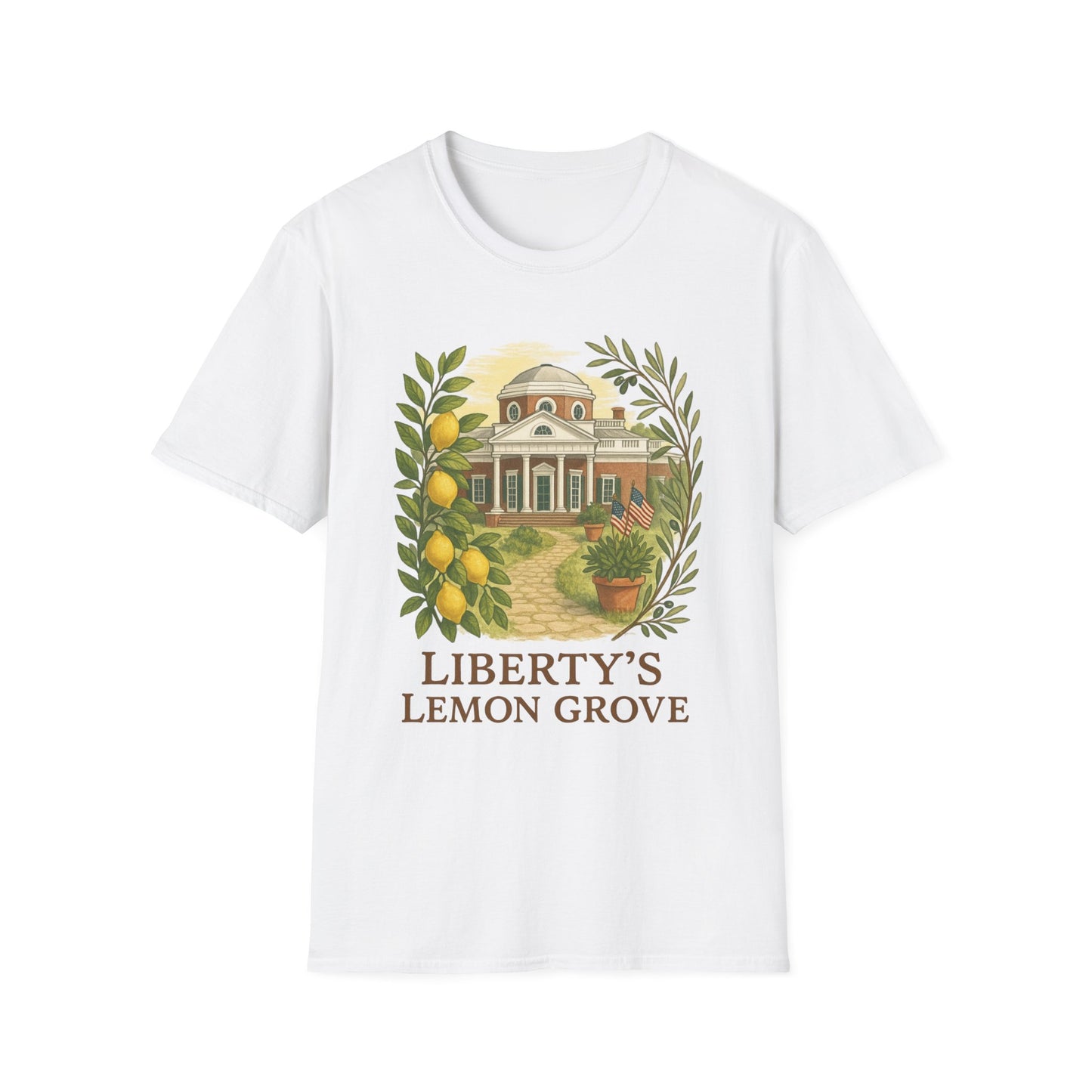 White Monticello Lemon Grove t-shirt with historic building and lemon branch design by Printify