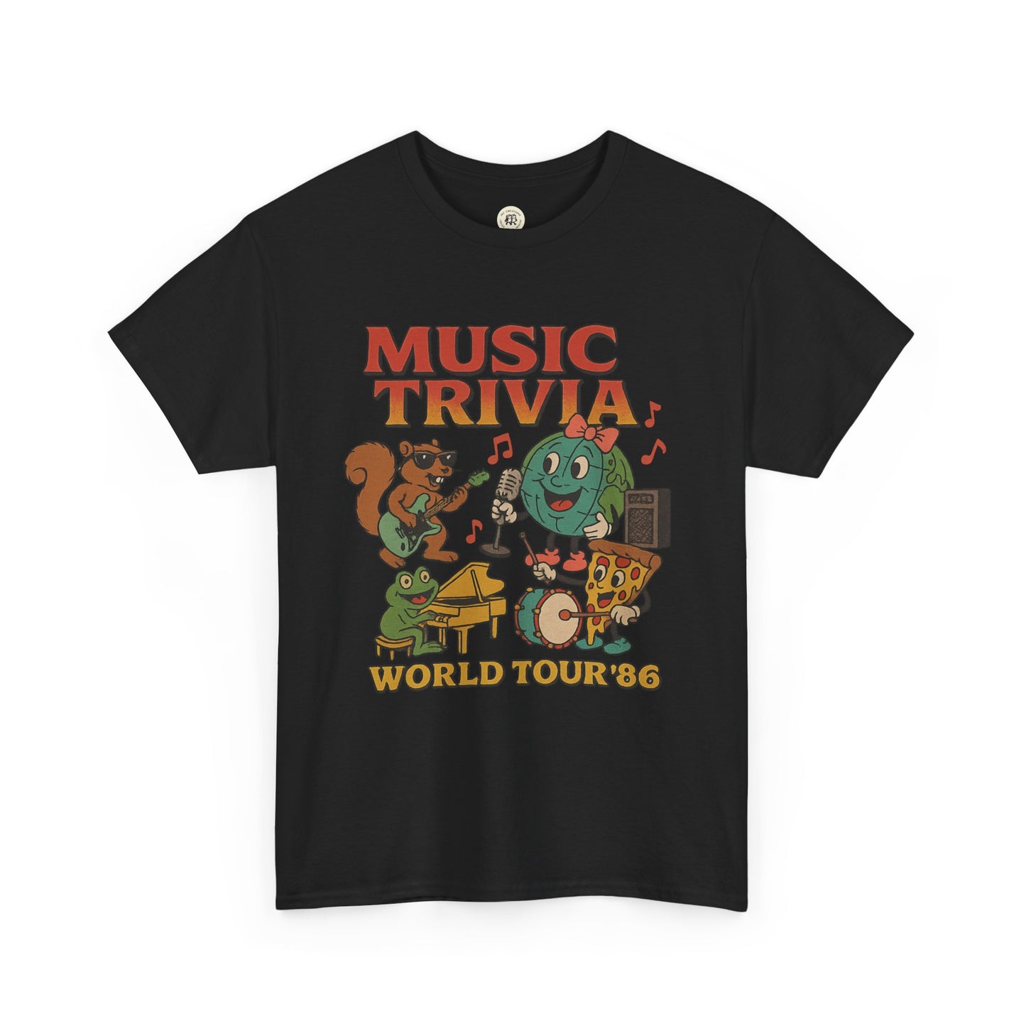 Black Printify music trivia t-shirt with colorful cartoon animals playing instruments and World Tour 86 text